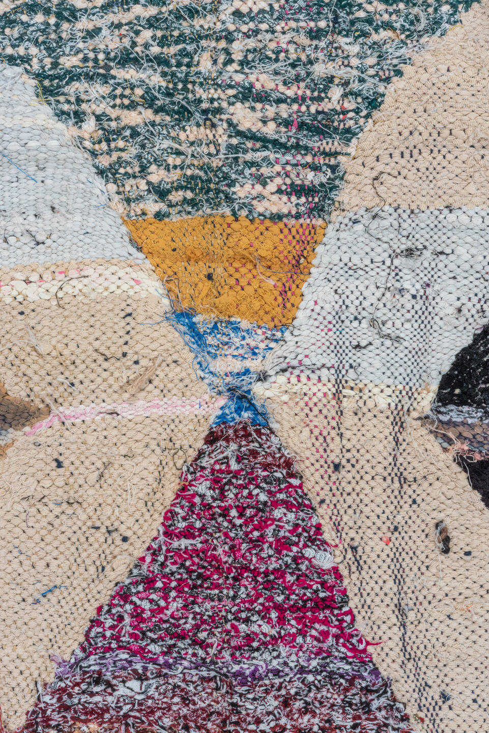 4' x 8' one-of-a-kind handmade vintage Rag Rug runner rug. Color palette: blue, brown, dim gray, fiord, gray, light gray