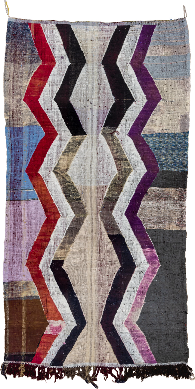 4' x 8' one-of-a-kind handmade vintage Rag Rug rug. Color palette: ivory, charcoal, plum, crimson, lavender, sky blue, brown