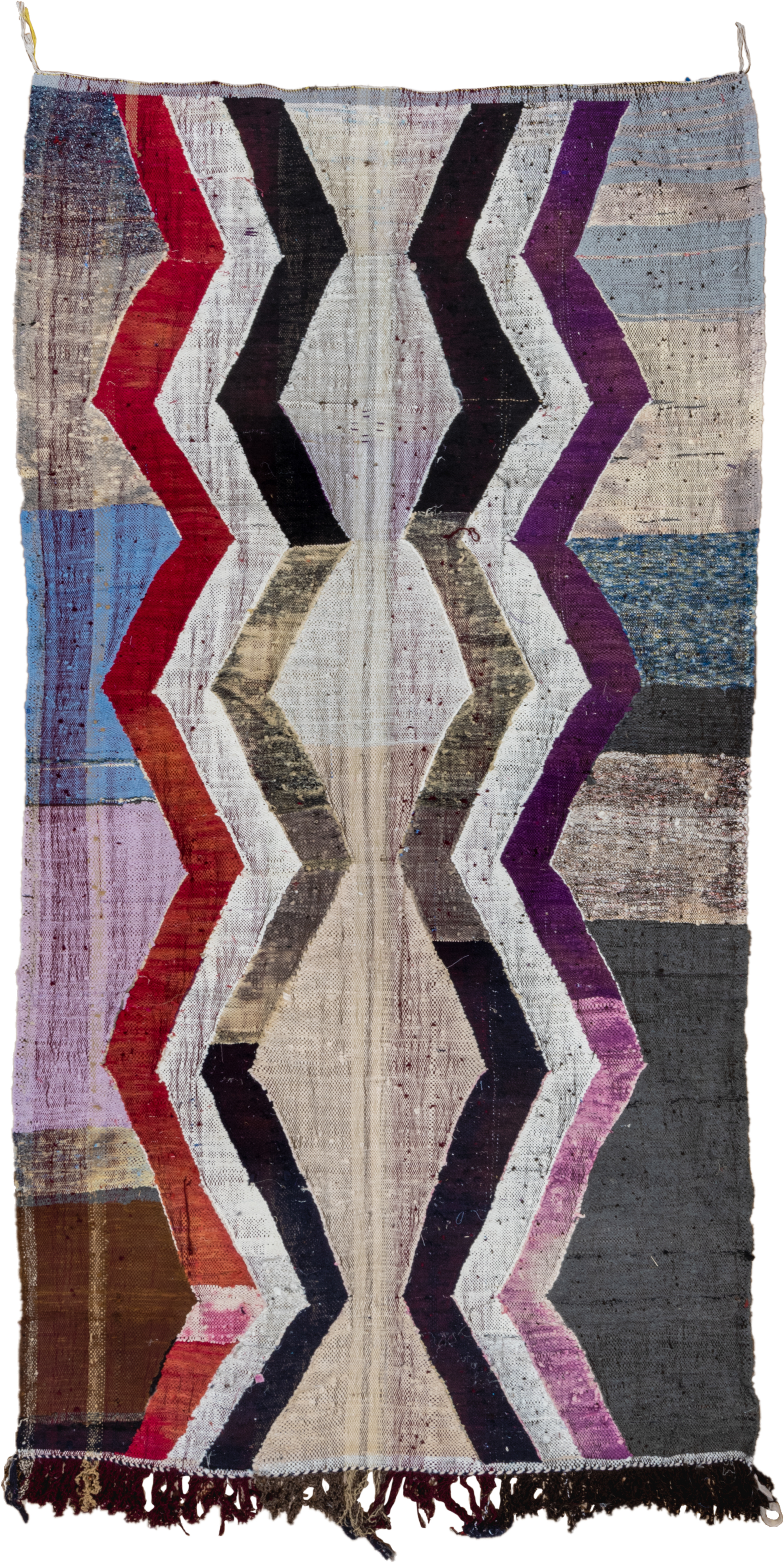 4' x 8' one-of-a-kind handmade vintage Rag Rug rug. Color palette: ivory, charcoal, plum, crimson, lavender, sky blue, brown