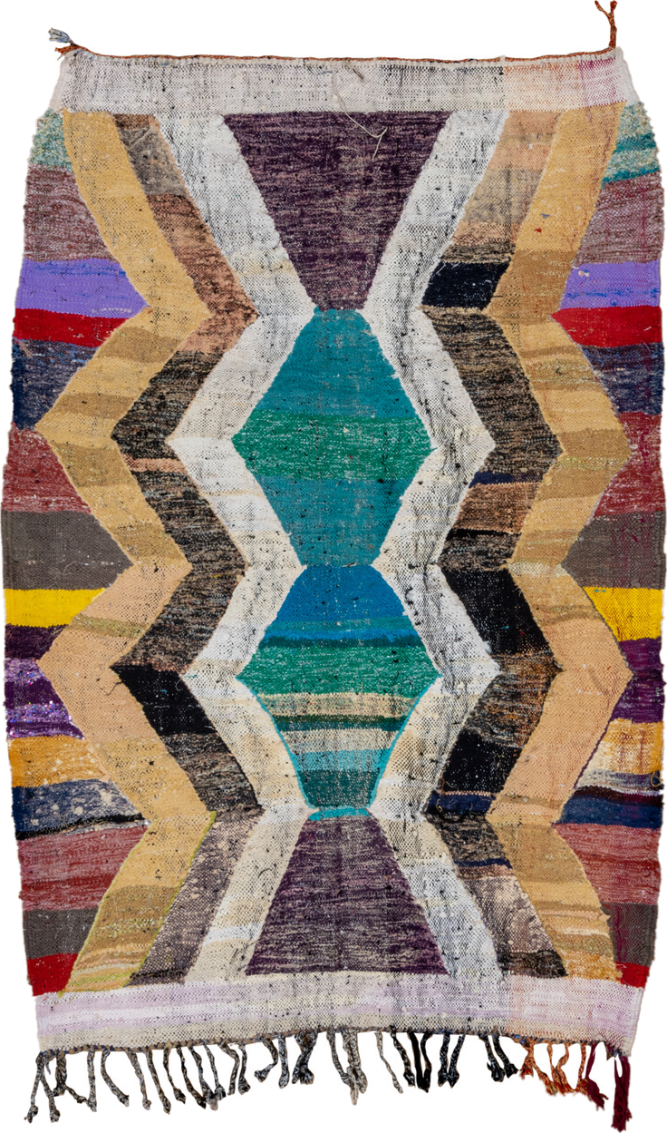 4' x 6' one-of-a-kind handmade vintage Rag Rug small size rug. Color palette: ivory, camel, teal, plum, charcoal, red, taupe