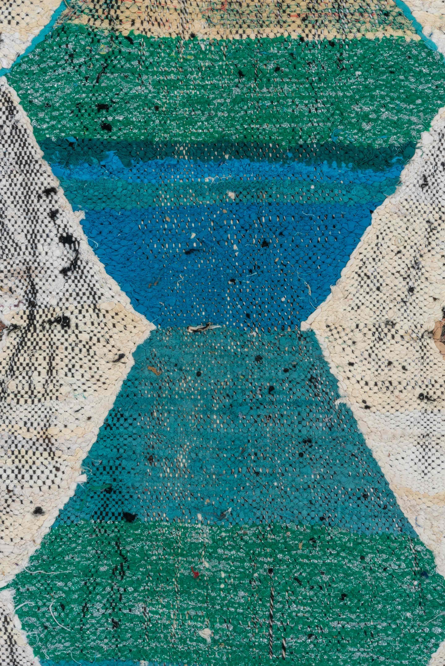 4' x 6' one-of-a-kind handmade vintage Rag Rug small size rug. Color palette: ivory, camel, teal, plum, charcoal, red, taupe