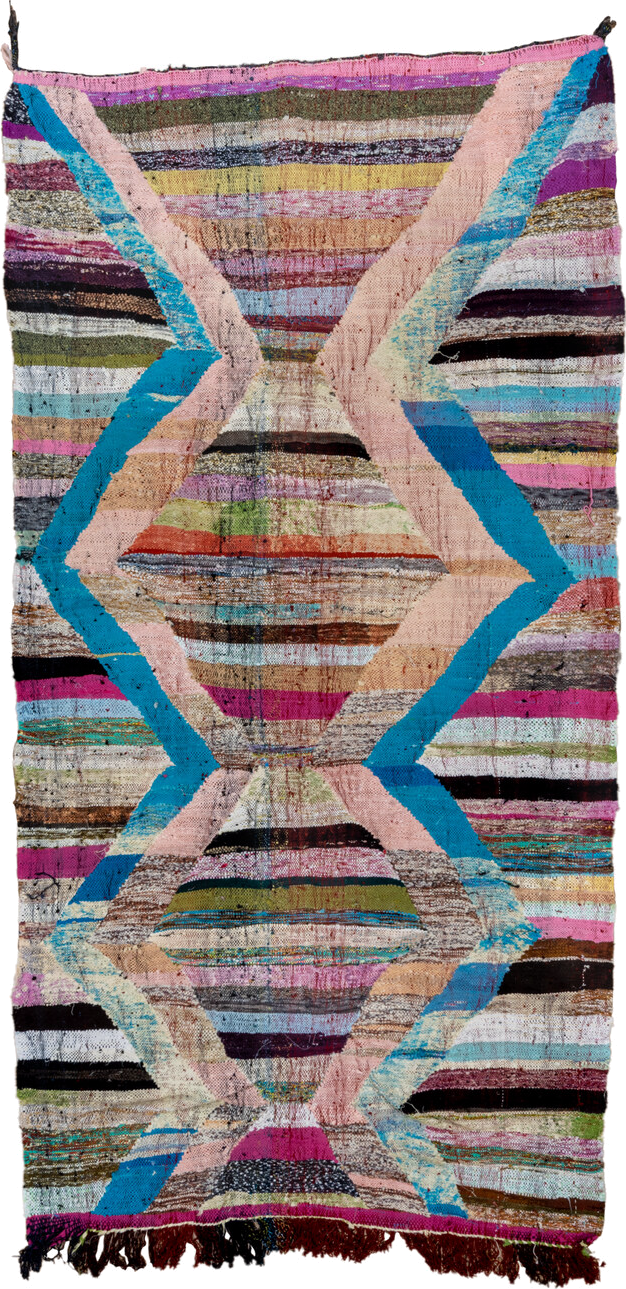 4' x 8' one-of-a-kind handmade vintage Rag Rug rug. Color palette: blush, turquoise, ivory, magenta, brown, aqua, olive