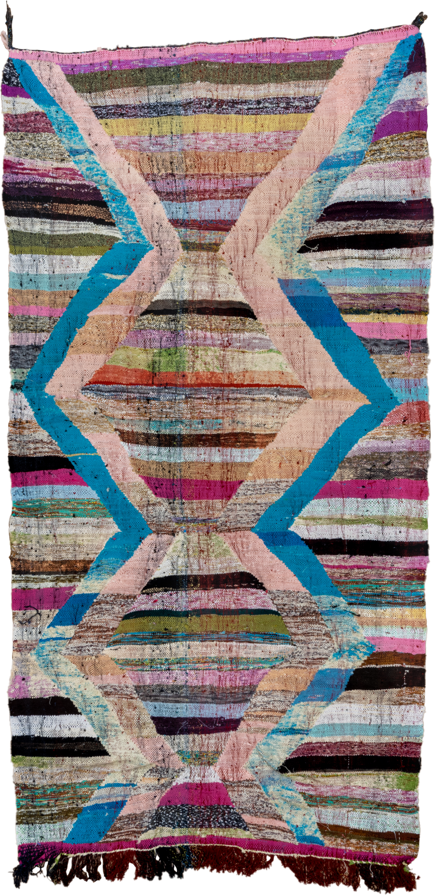 4' x 8' one-of-a-kind handmade vintage Rag Rug rug. Color palette: blush, turquoise, ivory, magenta, brown, aqua, olive