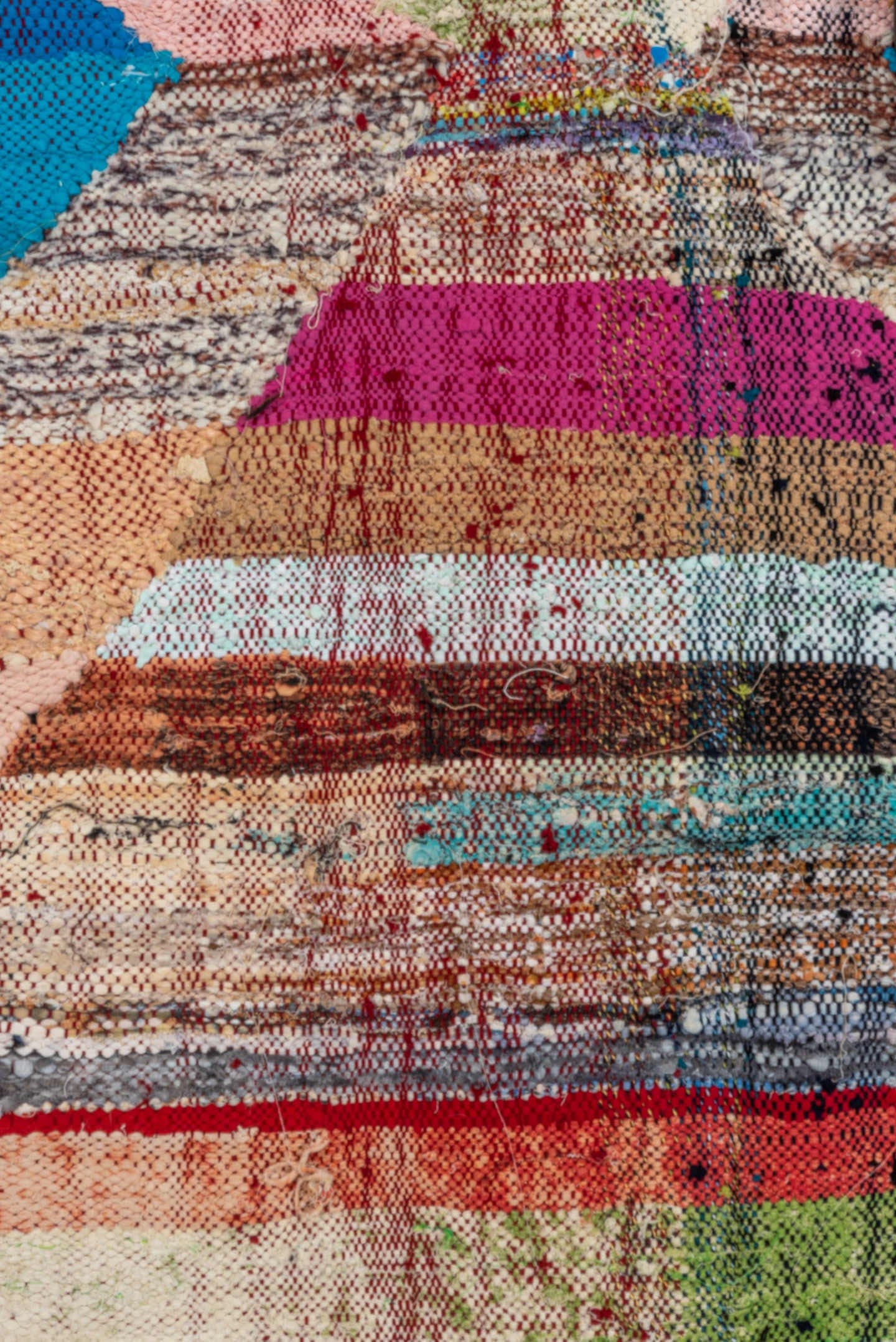 4' x 8' one-of-a-kind handmade vintage Rag Rug rug. Color palette: blush, turquoise, ivory, magenta, brown, aqua, olive