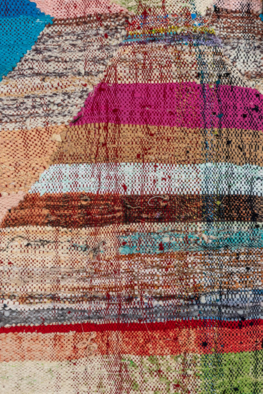4' x 8' one-of-a-kind handmade vintage Rag Rug rug. Color palette: blush, turquoise, ivory, magenta, brown, aqua, olive