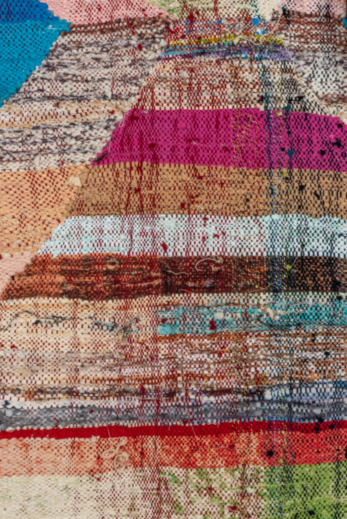 4' x 8' one-of-a-kind handmade vintage Rag Rug rug. Color palette: blush, turquoise, ivory, magenta, brown, aqua, olive