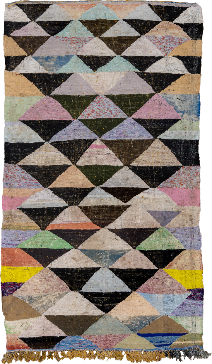 5' x 9' one-of-a-kind handmade vintage Rag Rug medium size rug. Color palette: ivory, black, sand, blush, sky blue, mint