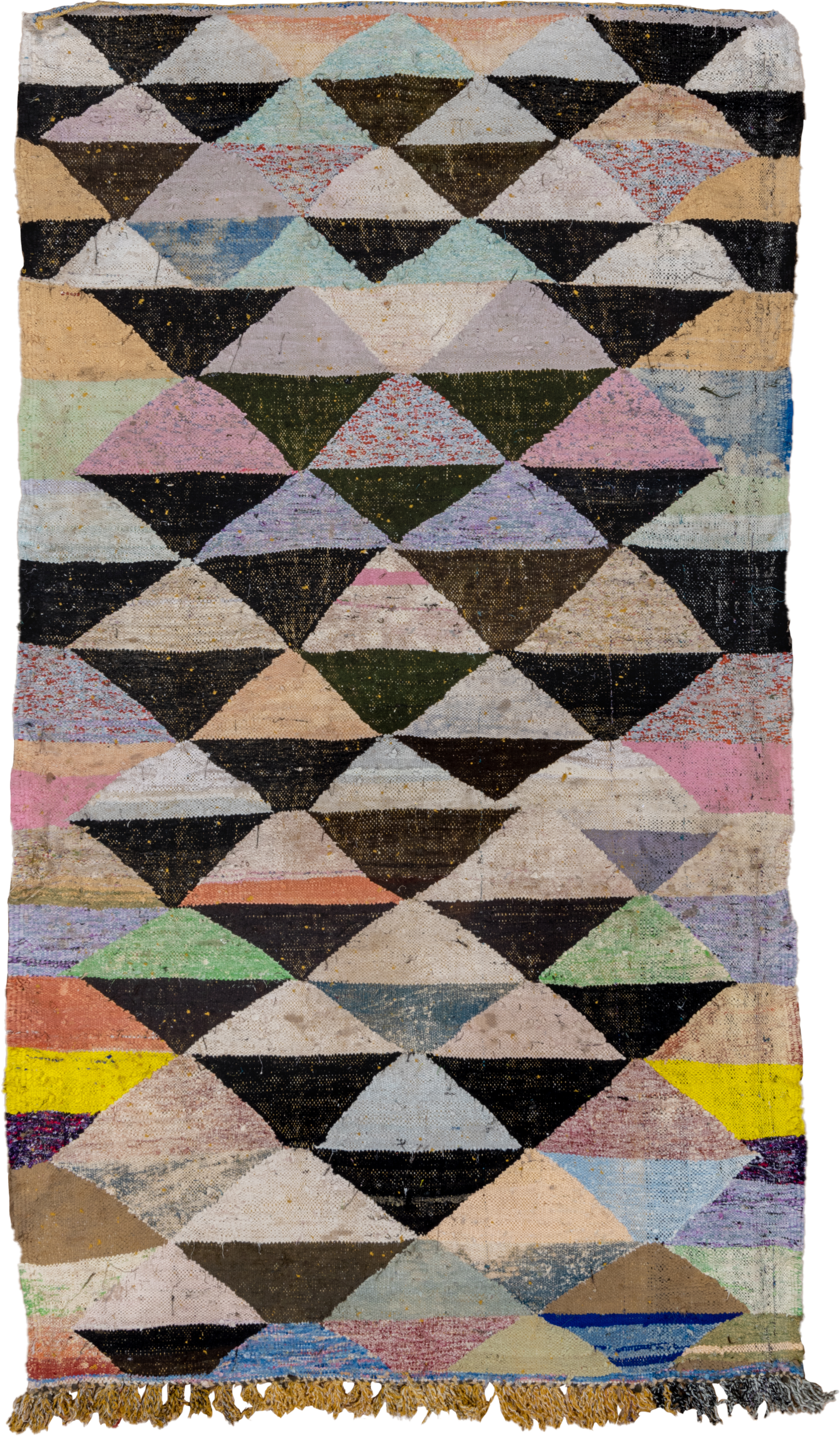 5' x 9' one-of-a-kind handmade vintage Rag Rug medium size rug. Color palette: ivory, black, sand, blush, sky blue, mint