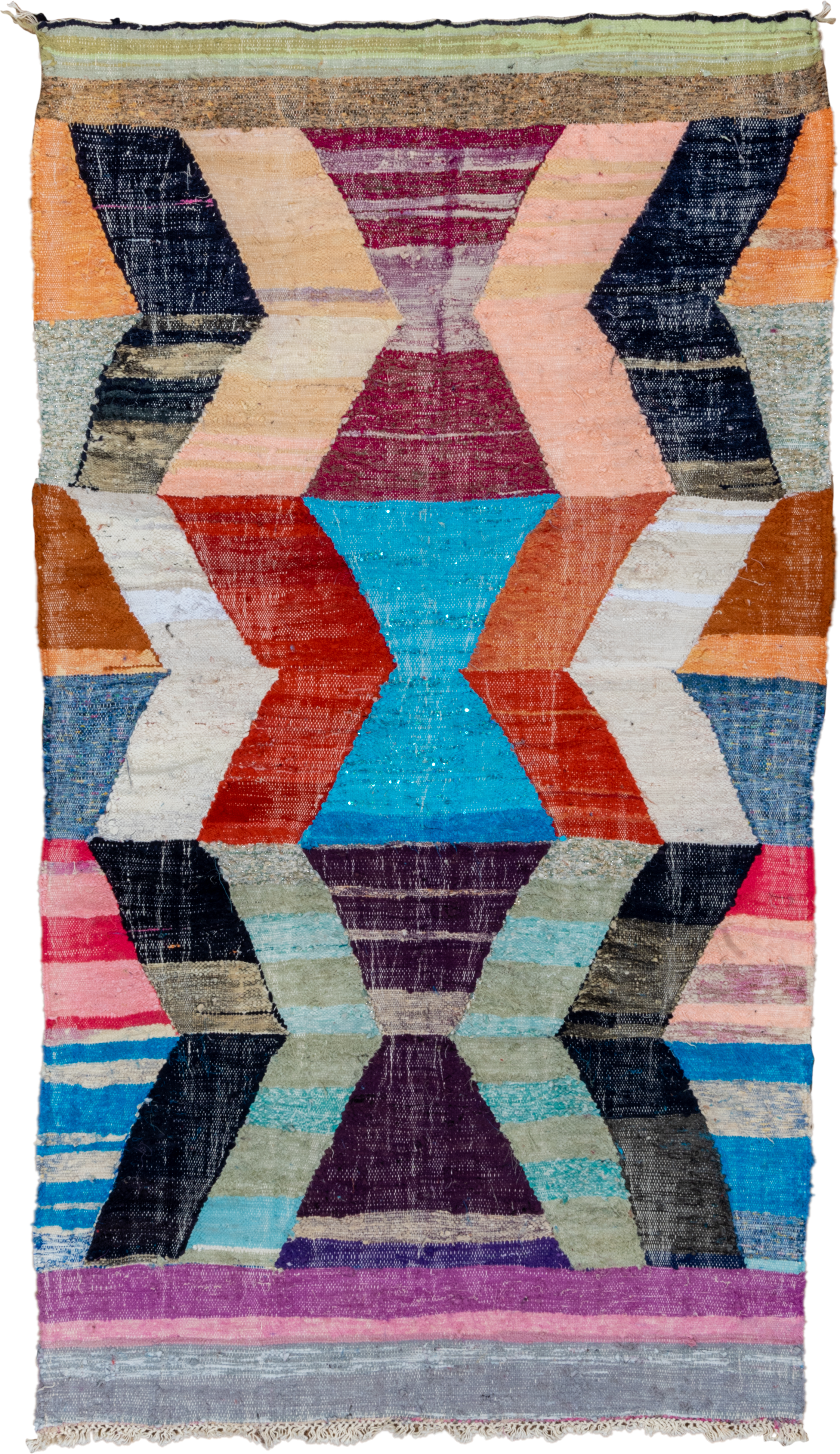 4' x 8' one-of-a-kind handmade vintage Rag Rug rug. Color palette: ivory, turquoise, navy, coral, plum, pink, orange, gray