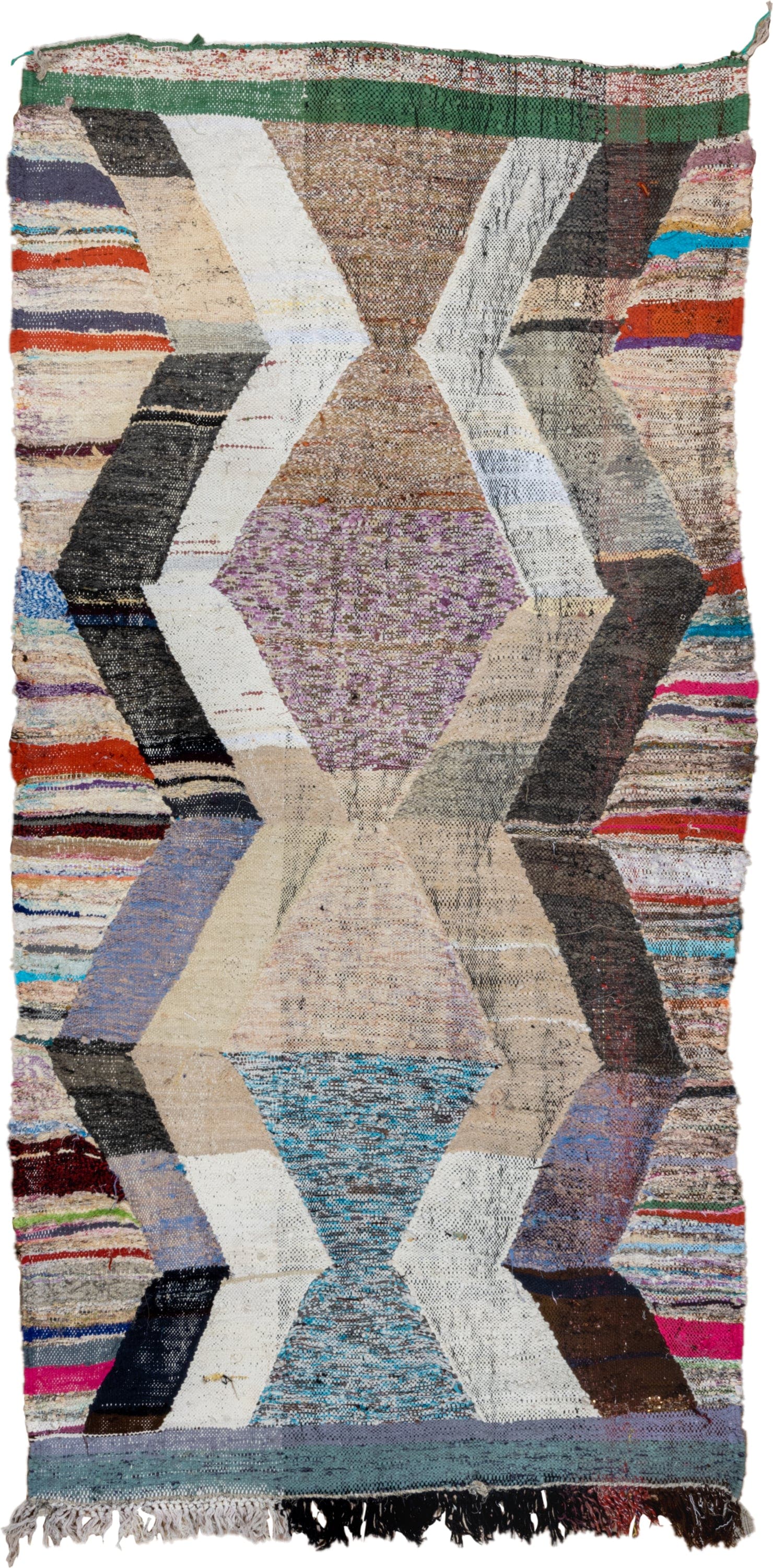 4' x 8' one-of-a-kind handmade vintage Rag Rug rug. Color palette: ivory, taupe, charcoal, cream, turquoise, lavender, green