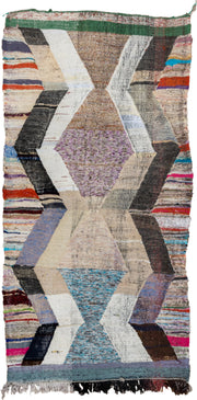 4' x 8' one-of-a-kind handmade vintage Rag Rug rug. Color palette: ivory, taupe, charcoal, cream, turquoise, lavender, green