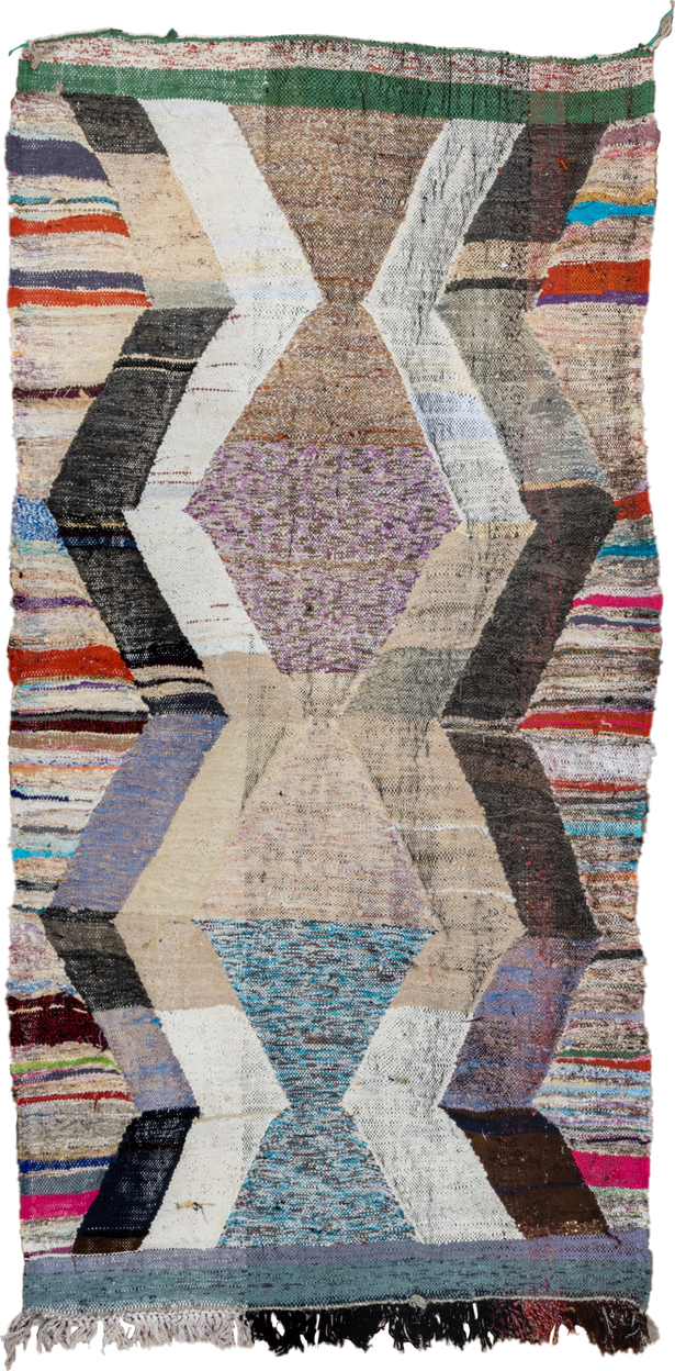 4' x 8' one-of-a-kind handmade vintage Rag Rug rug. Color palette: ivory, taupe, charcoal, cream, turquoise, lavender, green