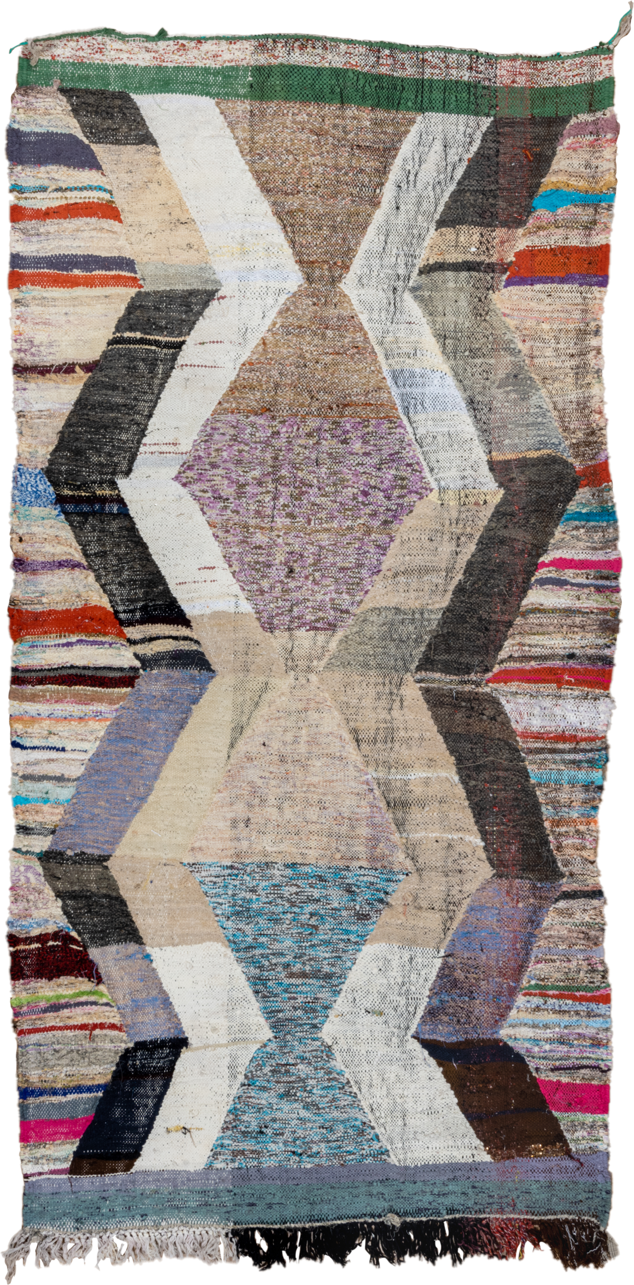 4' x 8' one-of-a-kind handmade vintage Rag Rug rug. Color palette: ivory, taupe, charcoal, cream, turquoise, lavender, green