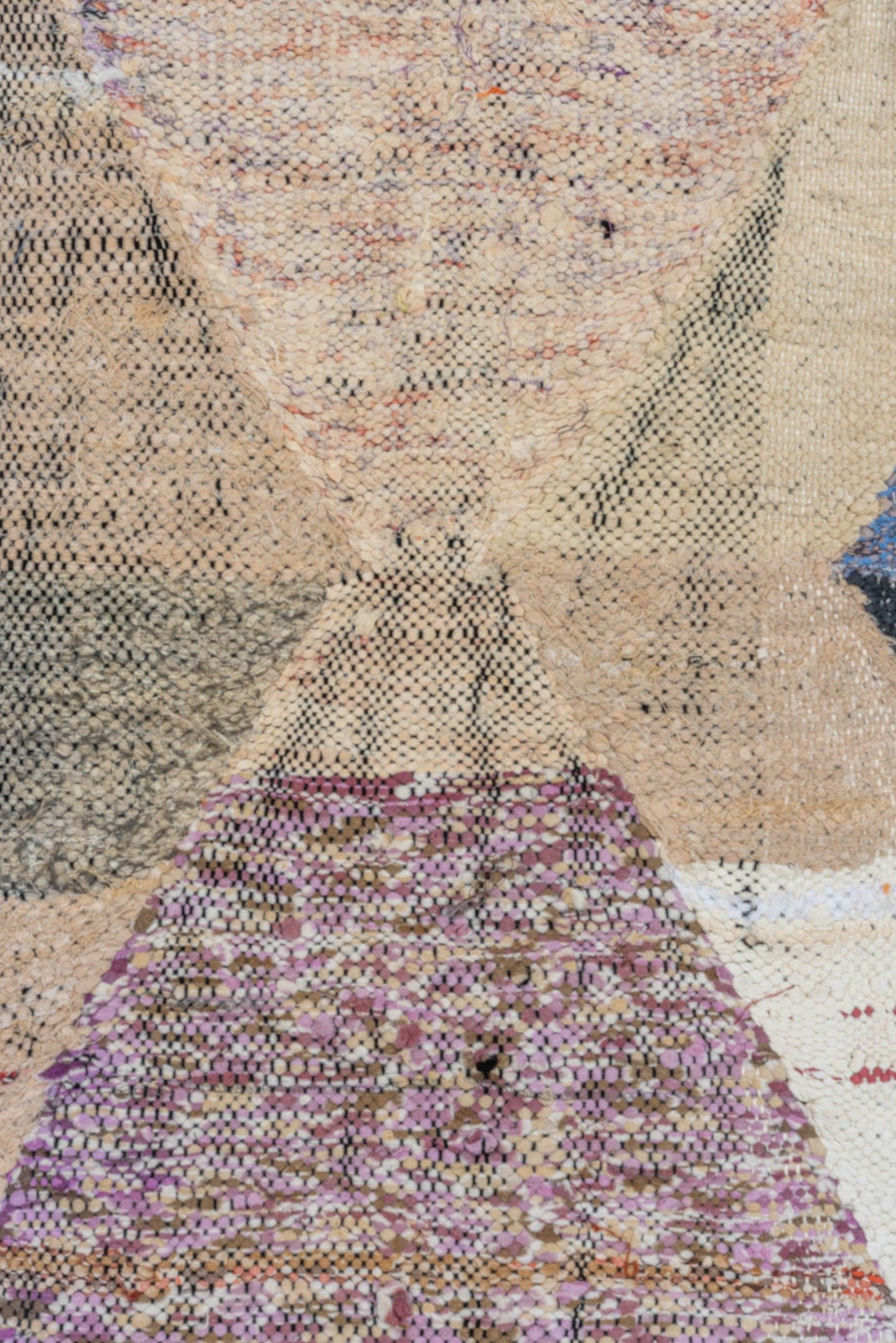 4' x 8' one-of-a-kind handmade vintage Rag Rug rug. Color palette: ivory, taupe, charcoal, cream, turquoise, lavender, green
