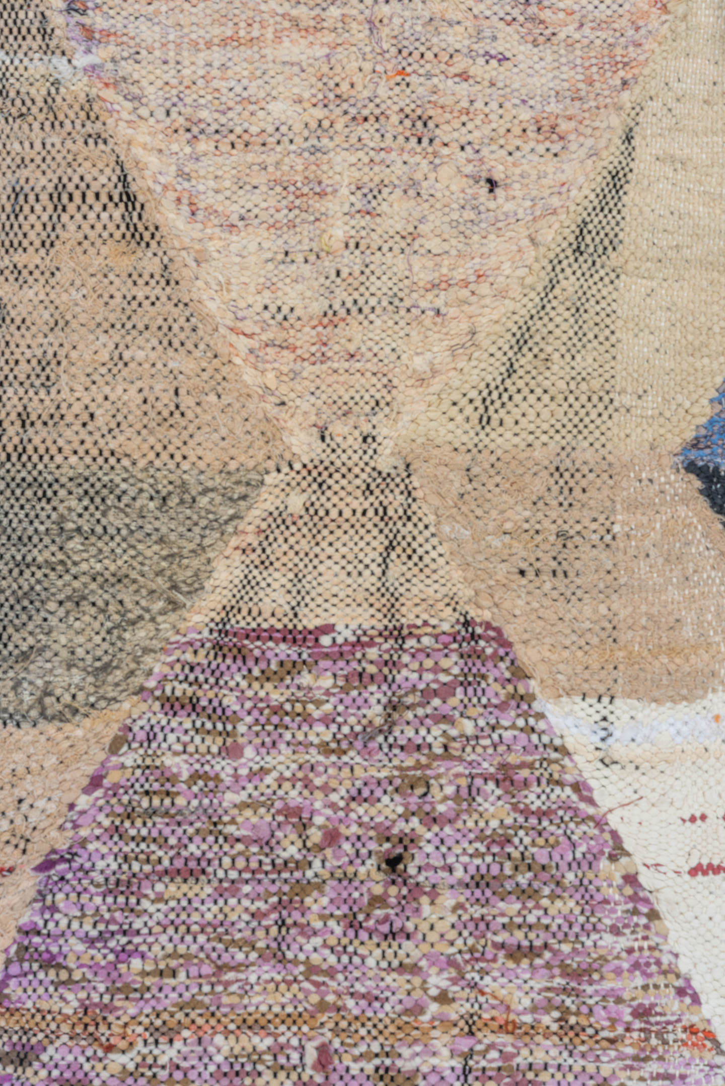 4' x 8' one-of-a-kind handmade vintage Rag Rug rug. Color palette: ivory, taupe, charcoal, cream, turquoise, lavender, green