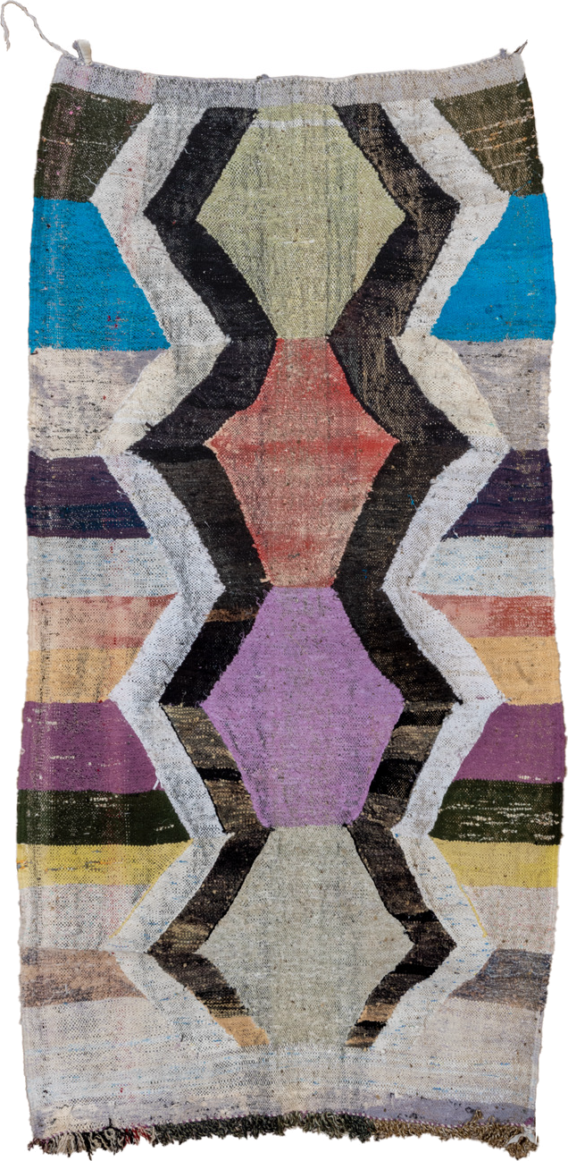 4' x 8' one-of-a-kind handmade vintage Rag Rug rug. Color palette: ivory, black, lavender, turquoise, blush, olive, ochre
