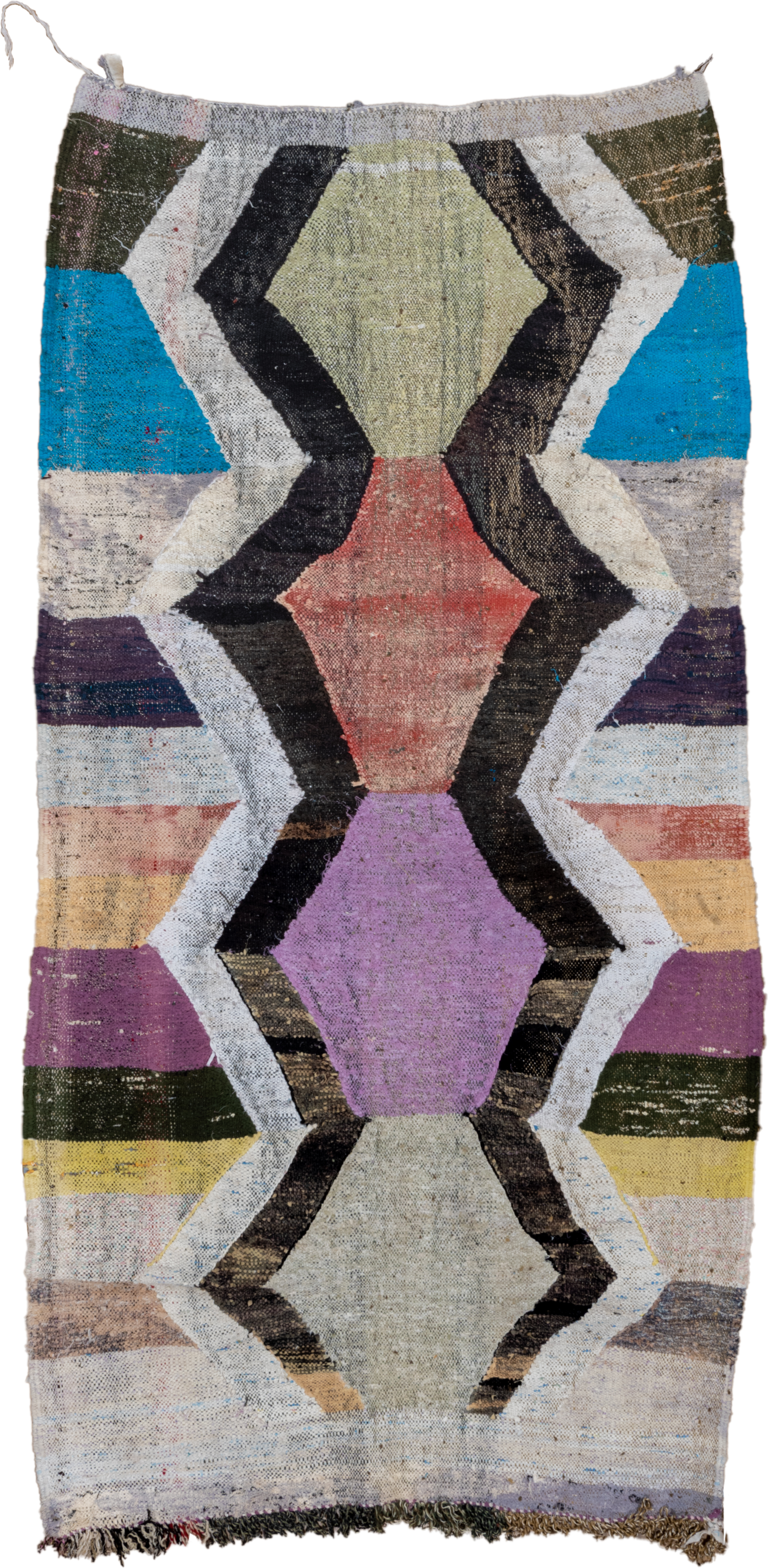 4' x 8' one-of-a-kind handmade vintage Rag Rug rug. Color palette: ivory, black, lavender, turquoise, blush, olive, ochre