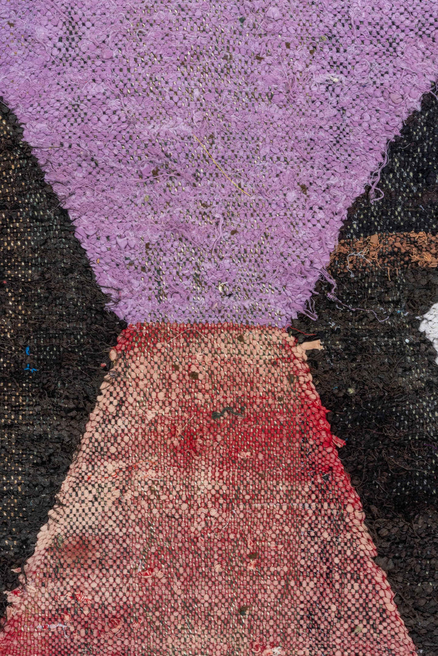 4' x 8' one-of-a-kind handmade vintage Rag Rug rug. Color palette: ivory, black, lavender, turquoise, blush, olive, ochre