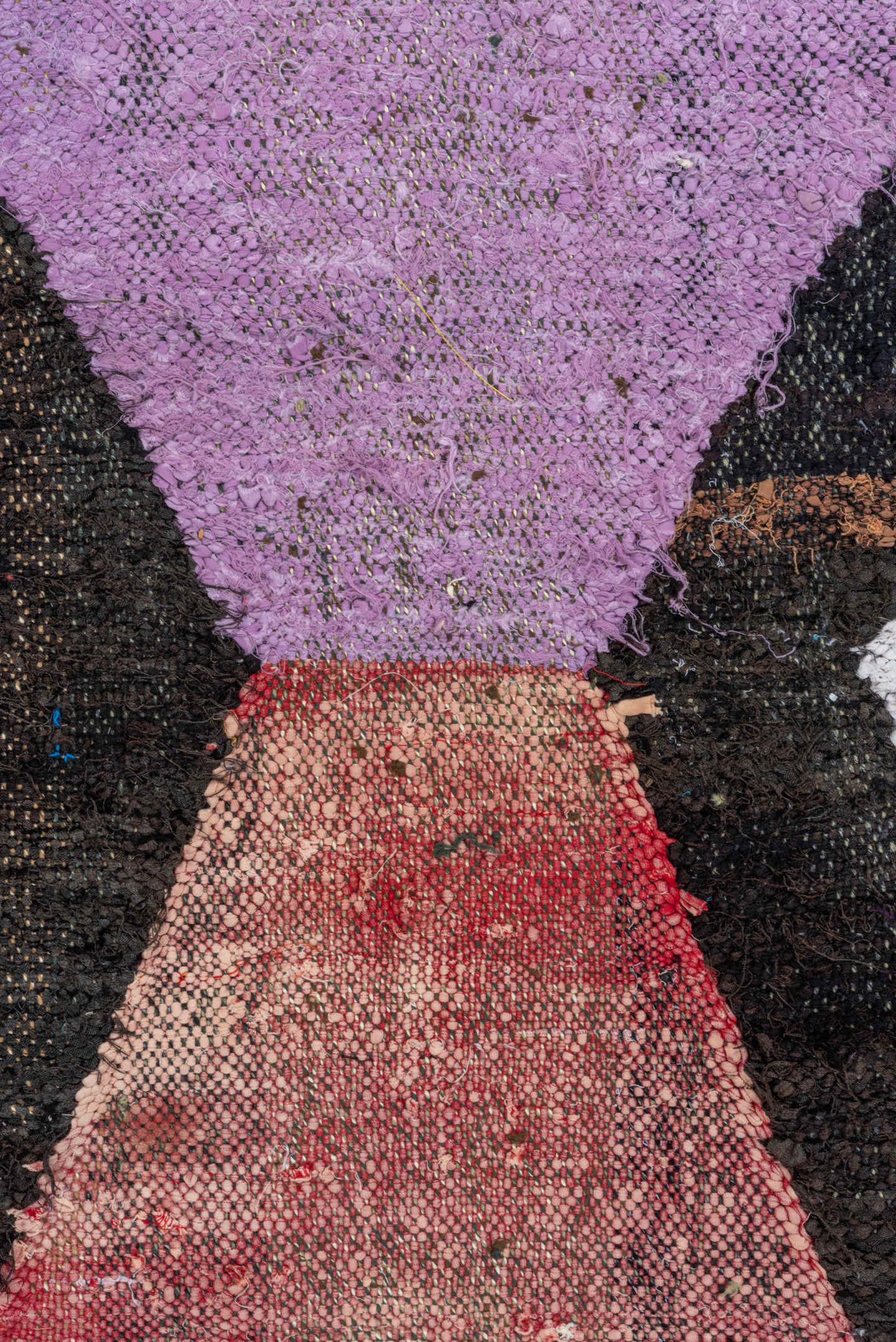 4' x 8' one-of-a-kind handmade vintage Rag Rug rug. Color palette: ivory, black, lavender, turquoise, blush, olive, ochre