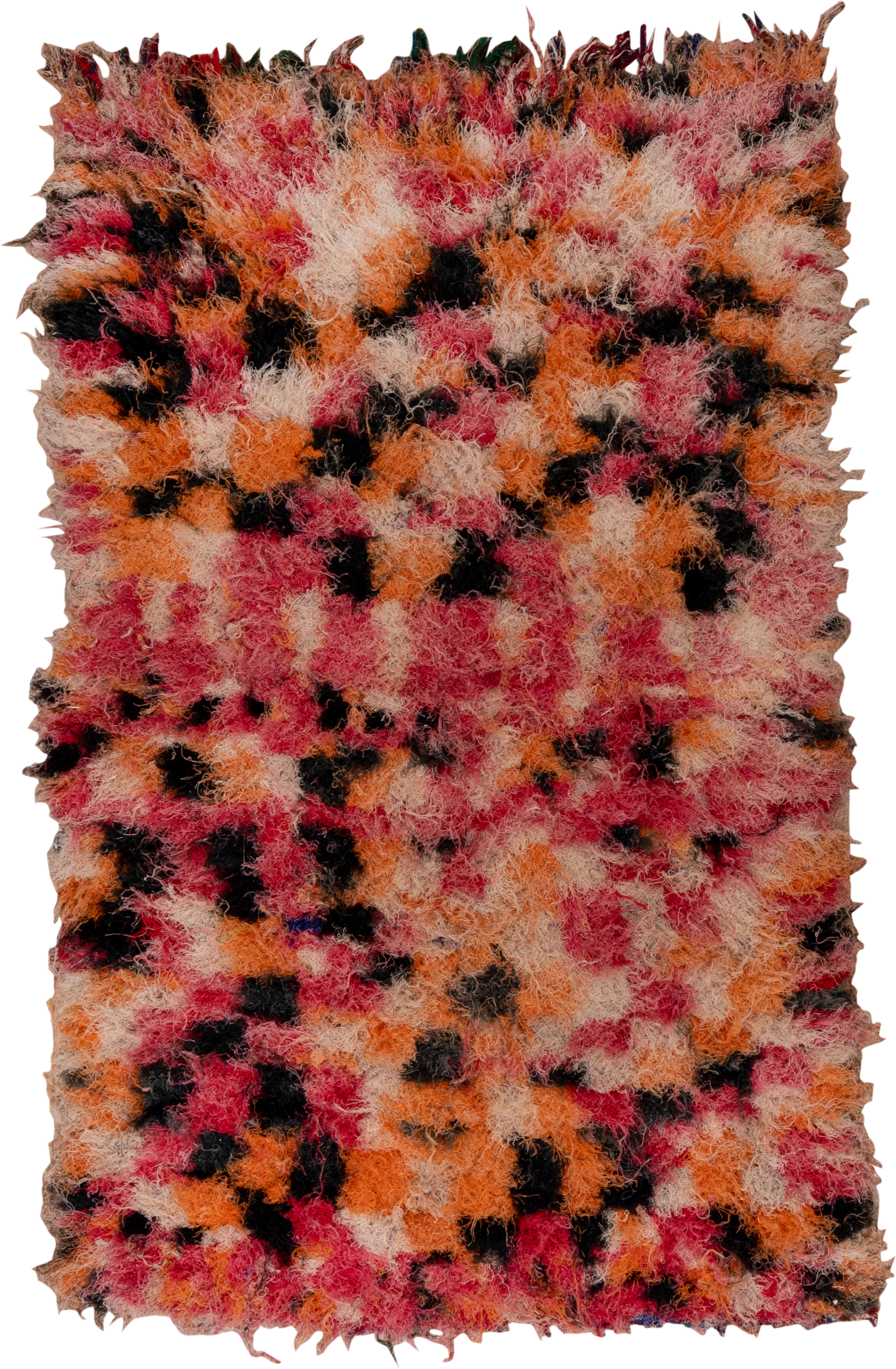 4' x 7' one-of-a-kind handmade vintage Rag Rug rug. Color palette: rose, orange, ivory, black, blush, peach, taupe, pink