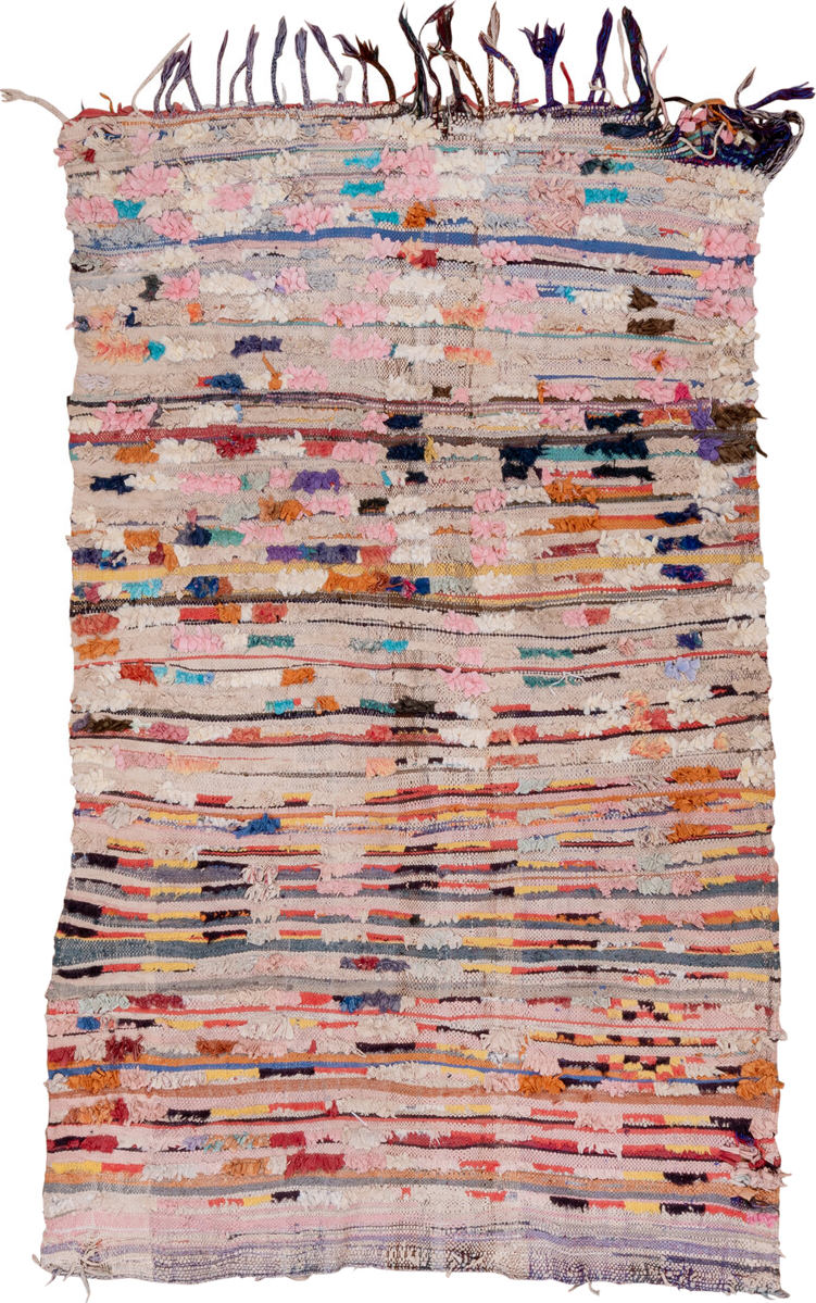 4' x 7' one-of-a-kind handmade vintage Rag Rug rug. Color palette: blue, brown, dark gray, gray, light gray, off-white, pink
