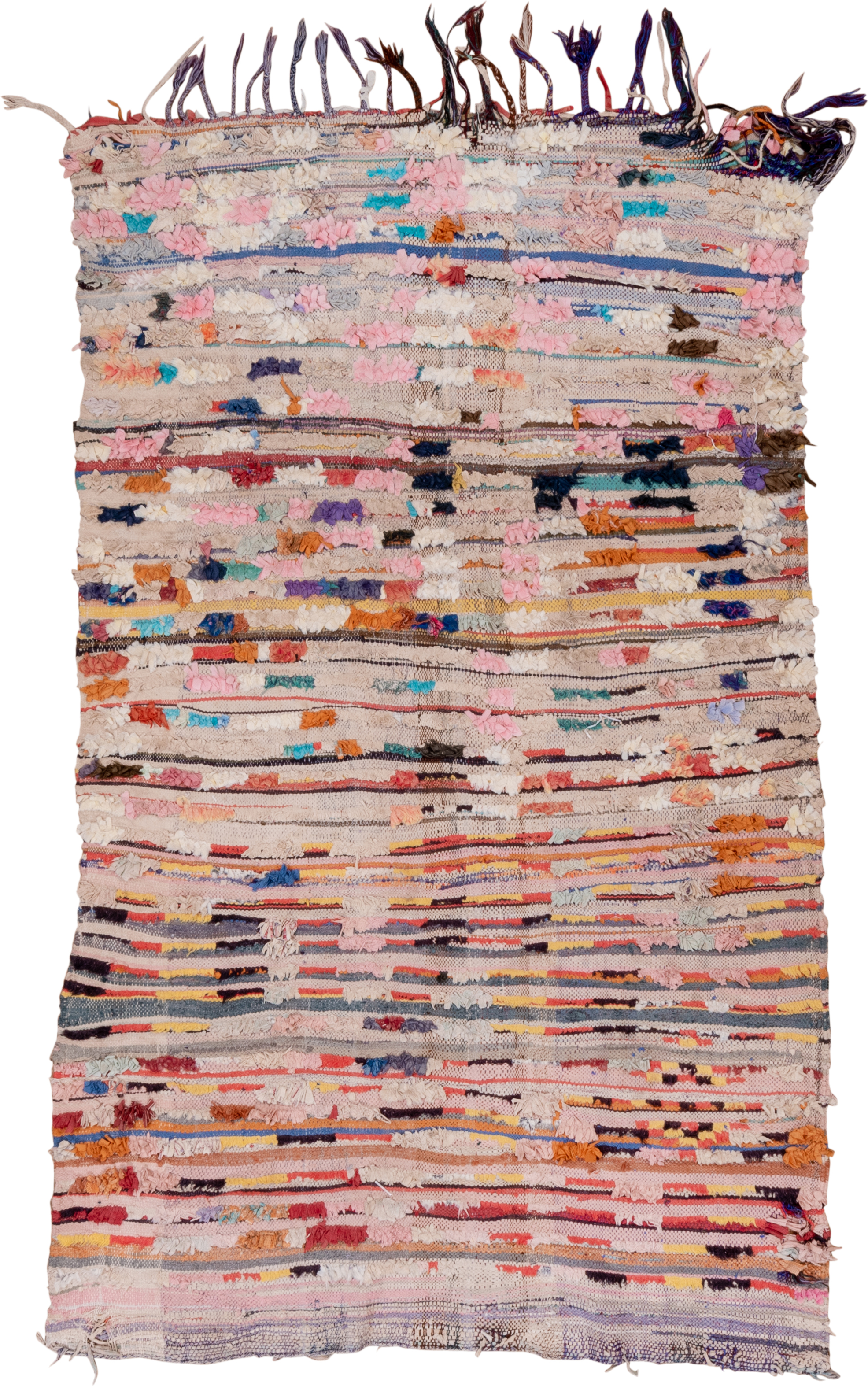 4' x 7' one-of-a-kind handmade vintage Rag Rug rug. Color palette: ivory, blush, charcoal, coral, indigo, saffron, taupe