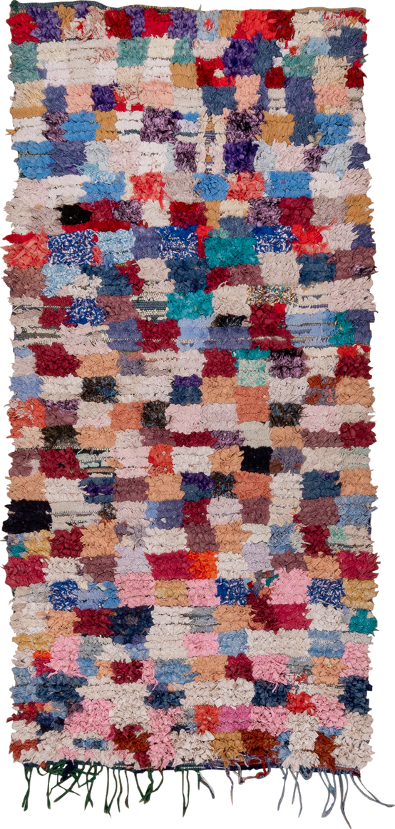 3' x 7' one-of-a-kind handmade vintage Rag Rug runner rug. Color palette: black, blue, brown, gray, green, light blue
