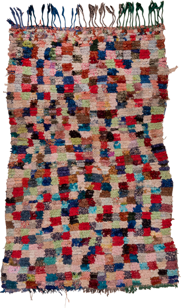 4' x 6' one-of-a-kind handmade vintage Rag Rug small size rug. Color palette: blush, crimson, navy, turquoise, sage, brown