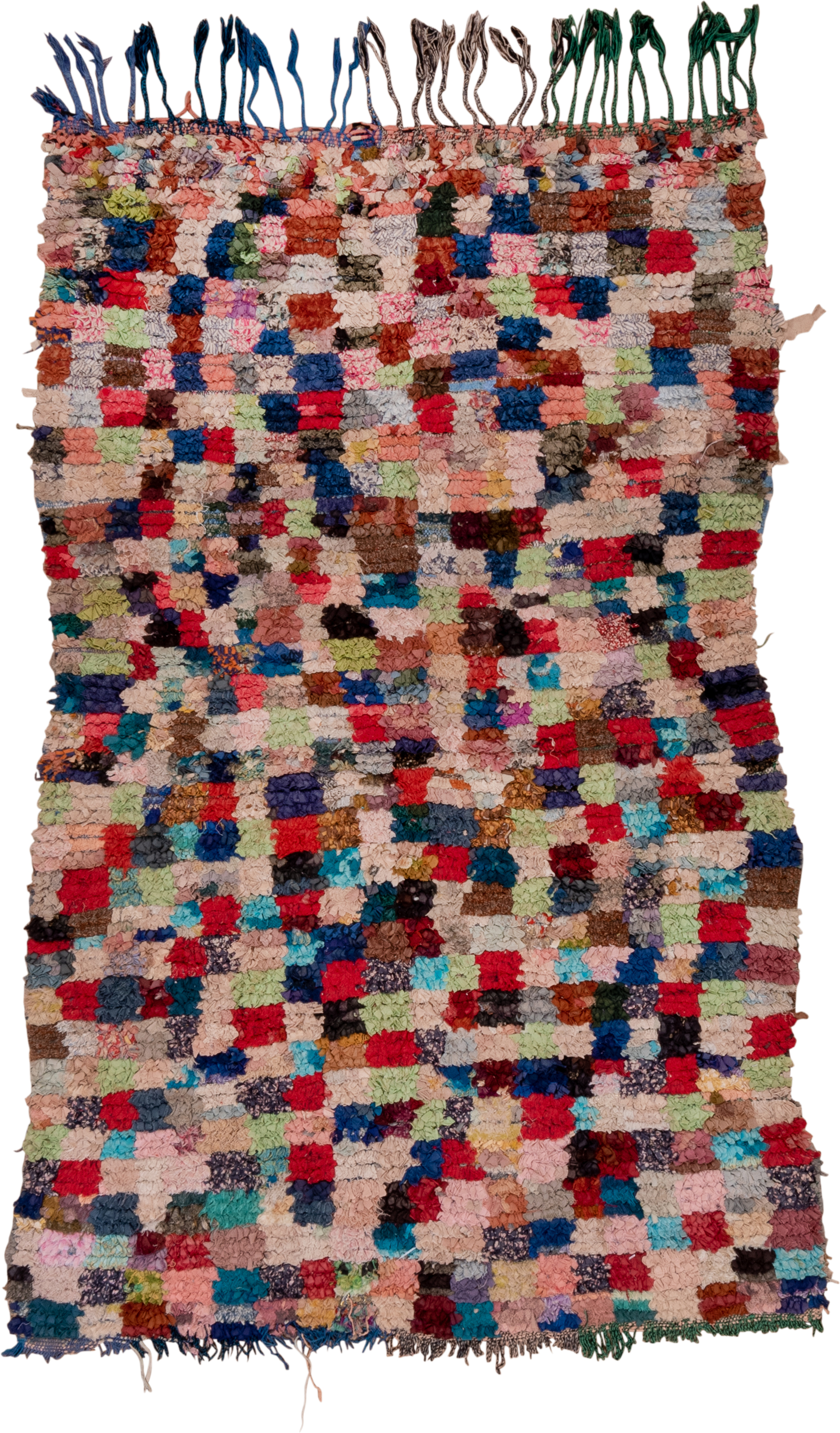 4' x 6' one-of-a-kind handmade vintage Rag Rug small size rug. Color palette: blush, crimson, navy, turquoise, sage, brown