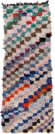2' x 6' one-of-a-kind handmade vintage Rag Rug runner rug. Color palette: ivory, slate, turquoise, blue, brown, pink, coral