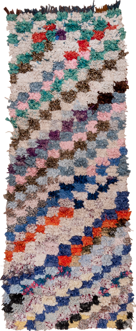 2' x 6' one-of-a-kind handmade vintage Rag Rug runner rug. Color palette: blue, brown, fiord, gray, green, light gray