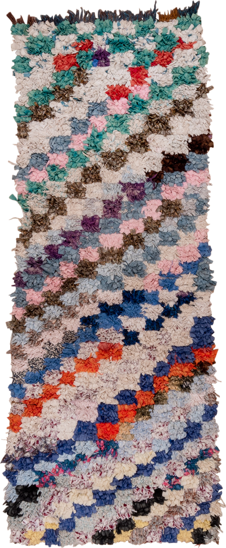 2' x 6' one-of-a-kind handmade vintage Rag Rug runner rug. Color palette: ivory, slate, turquoise, blue, brown, pink, coral