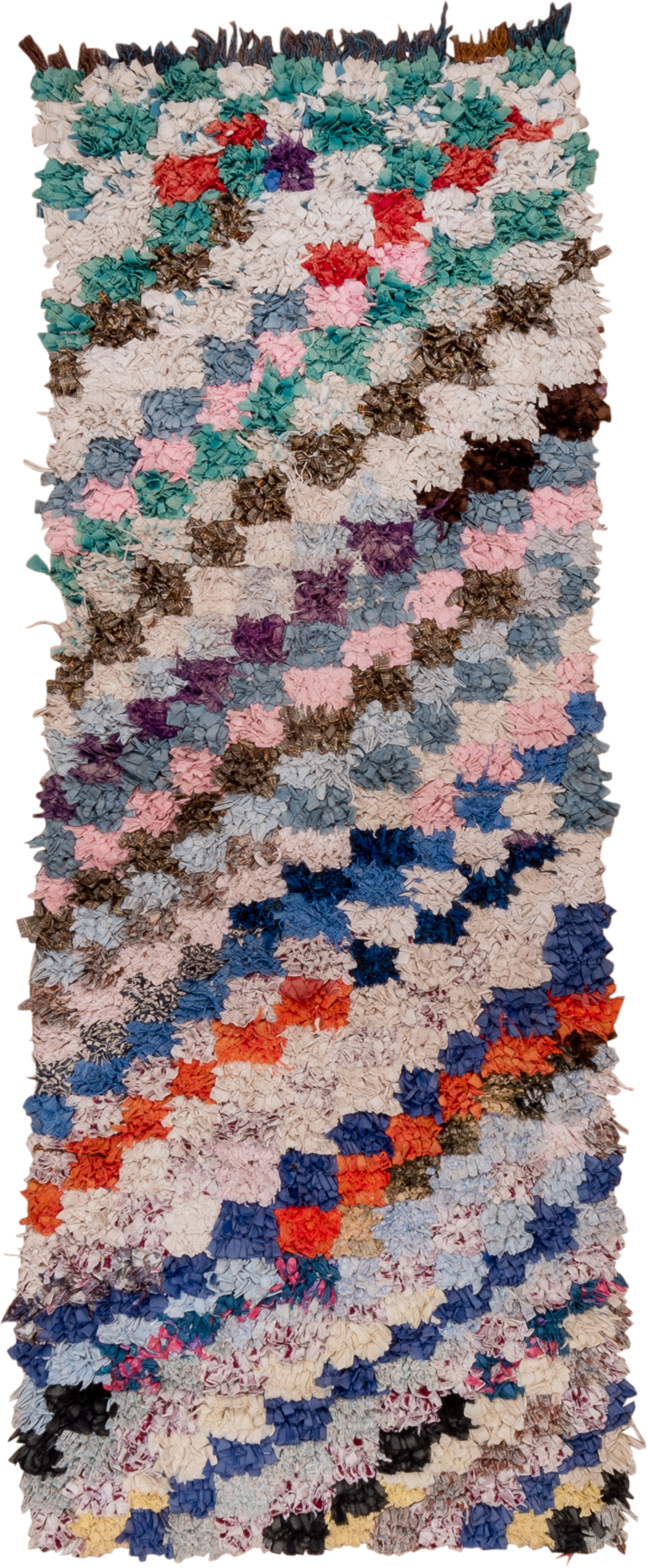 2' x 6' one-of-a-kind handmade vintage Rag Rug runner rug. Color palette: ivory, slate, turquoise, blue, brown, pink, coral