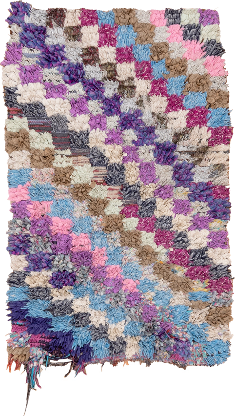 3' x 5' one-of-a-kind handmade vintage Rag Rug small size rug. Color palette: blue, gray, light blue, light gray, off-white