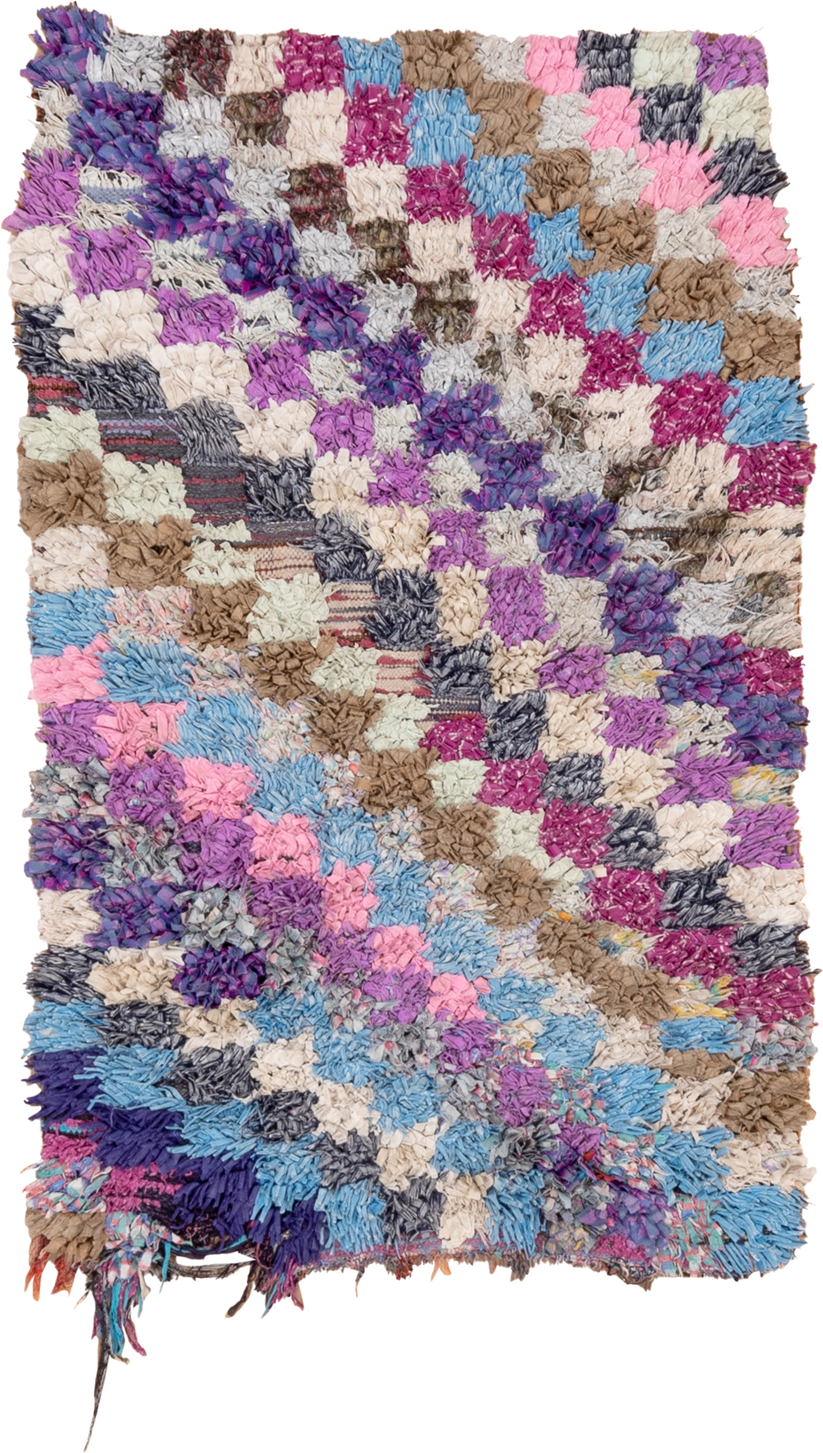 3' x 5' one-of-a-kind handmade vintage Rag Rug small size rug. Color palette: ivory, lavender, sky_blue, taupe, charcoal