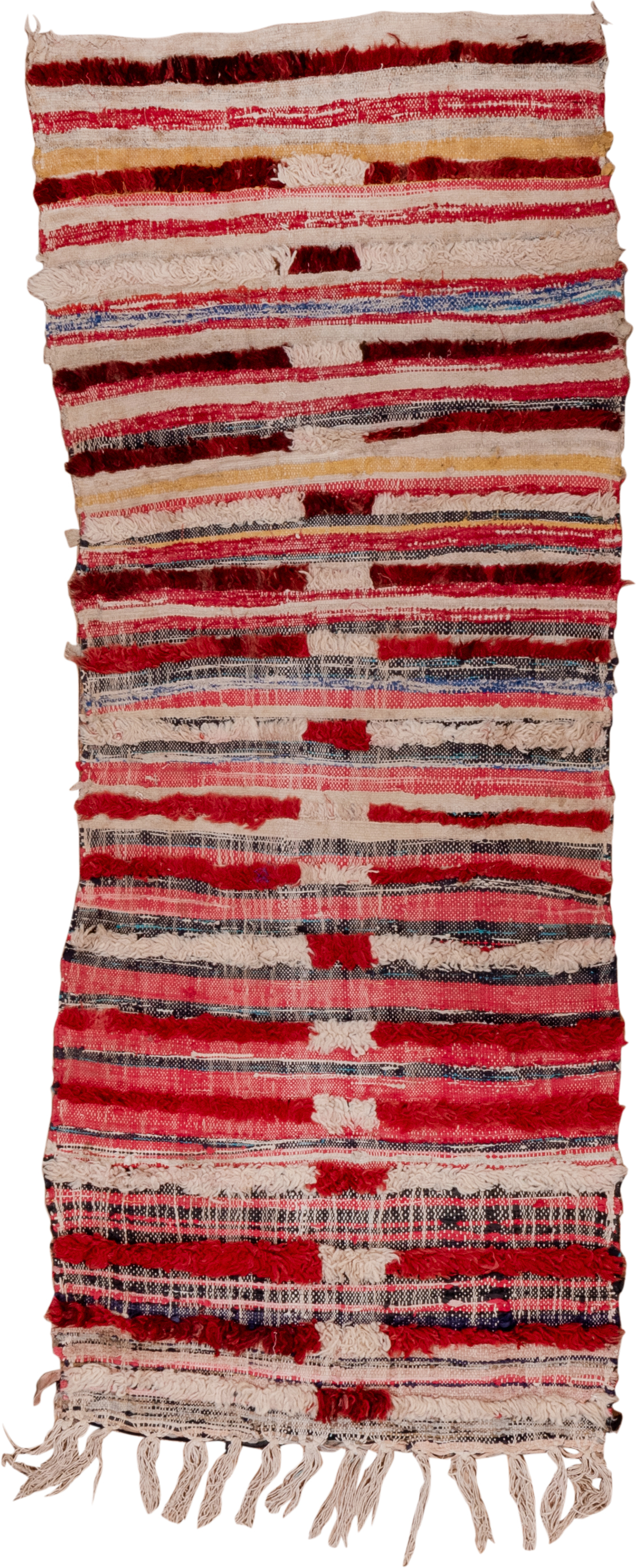 2' x 6' one-of-a-kind handmade vintage Rag Rug runner rug. Color palette: ivory, crimson, rose, charcoal, navy, gold, red