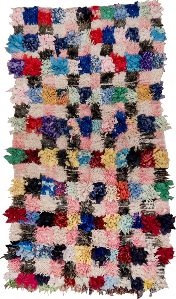 3' x 5' one-of-a-kind handmade vintage Rag Rug small size rug. Color palette: blue, brown, burgundy, fire brick, gray, green