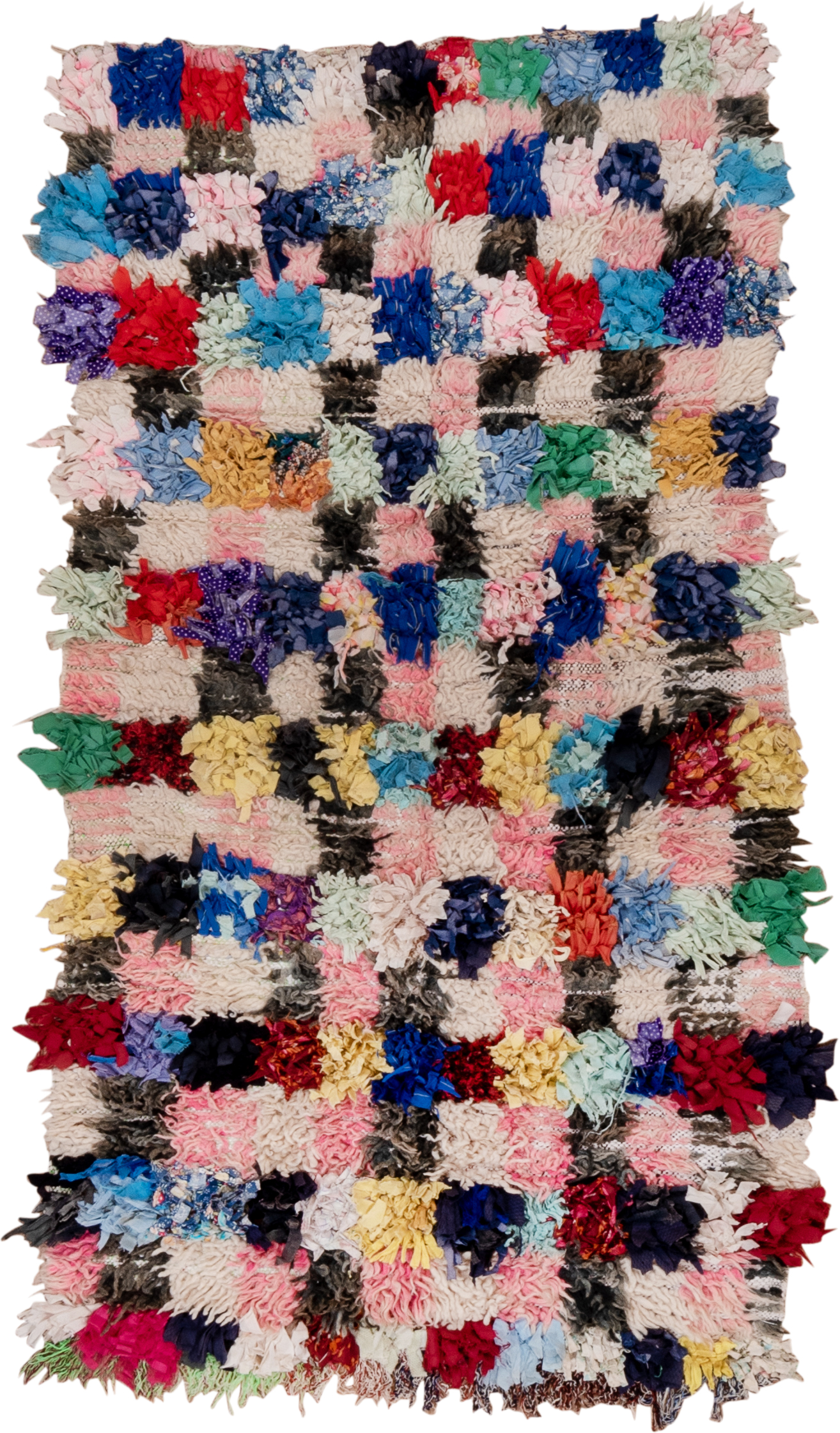 3' x 5' one-of-a-kind handmade vintage Rag Rug small size rug. Color palette: ivory, blush, cobalt, charcoal, crimson