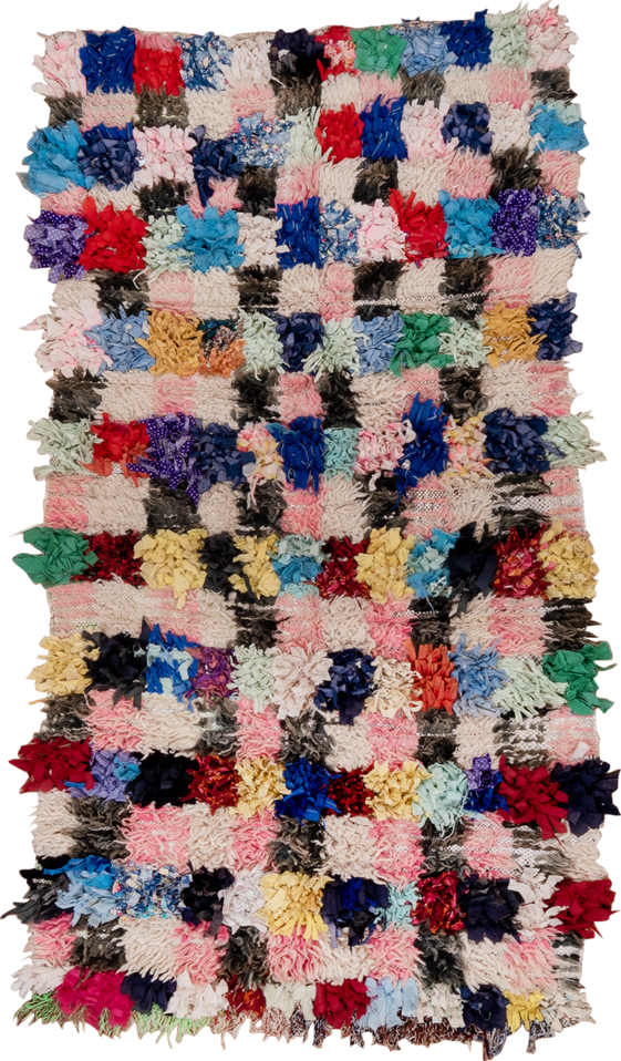 3' x 5' one-of-a-kind handmade vintage Rag Rug small size rug. Color palette: blue, brown, burgundy, fire brick, gray, green