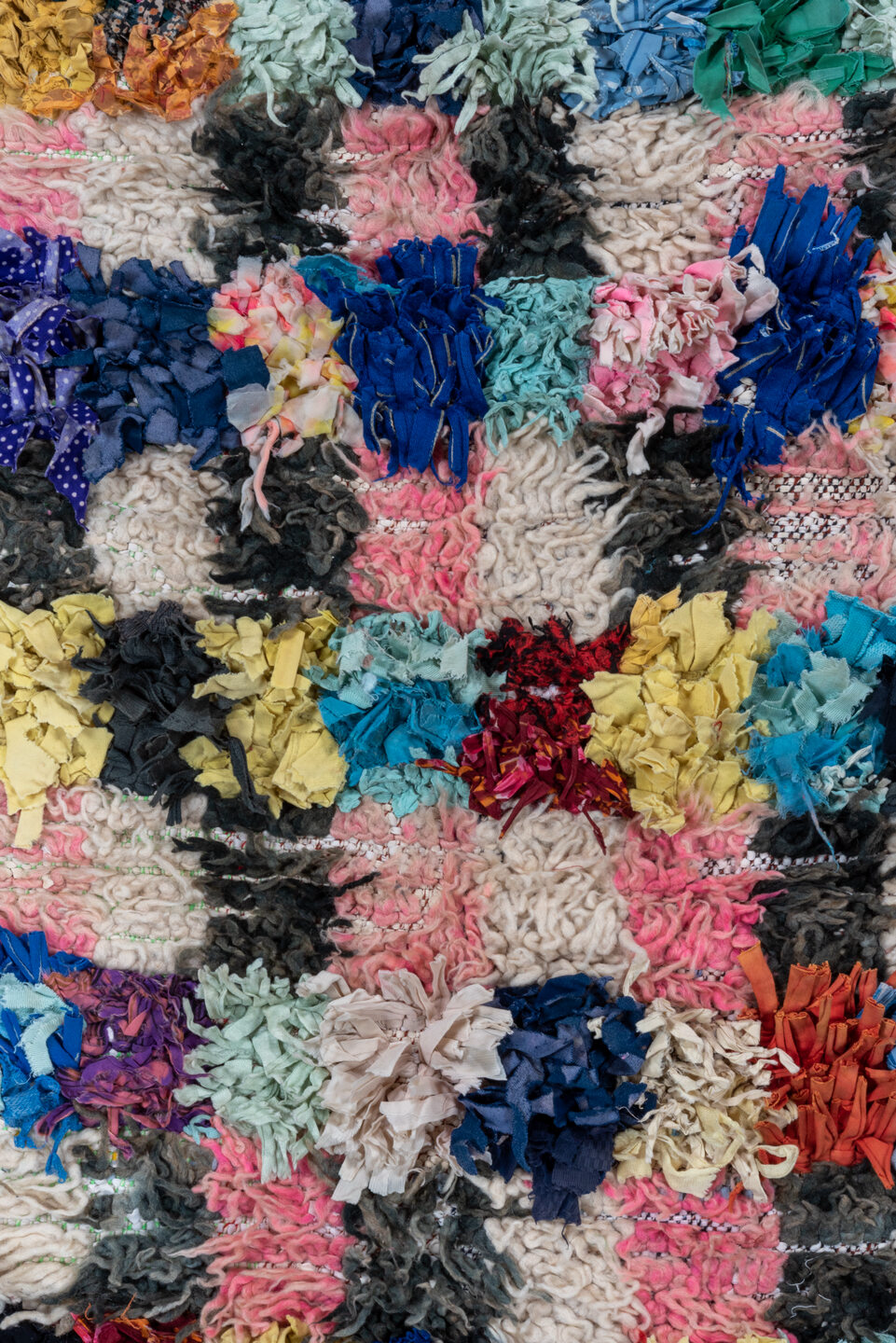 3' x 5' one-of-a-kind handmade vintage Rag Rug small size rug. Color palette: blue, brown, burgundy, fire brick, gray, green