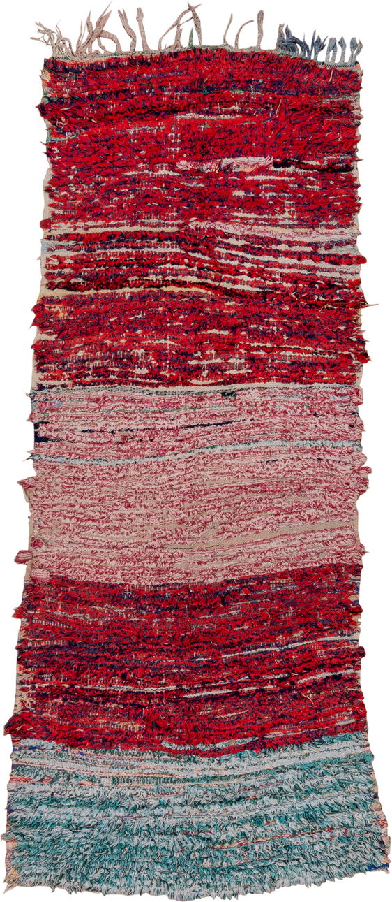 3' x 8' one-of-a-kind handmade vintage Rag Rug runner rug. Color palette: crimson, ivory, red, aqua, navy, rose, teal, blue