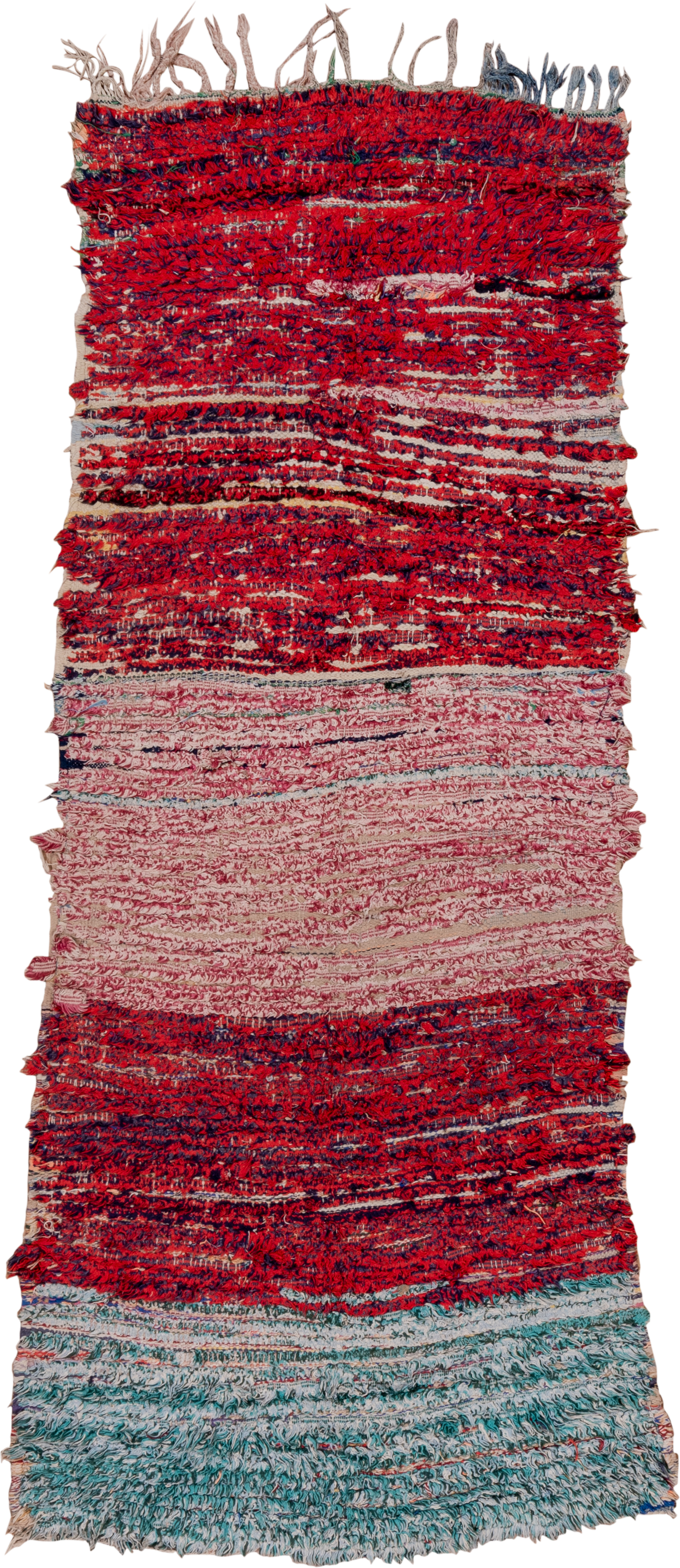 3' x 8' one-of-a-kind handmade vintage Rag Rug runner rug. Color palette: crimson, ivory, red, aqua, navy, rose, teal, blue