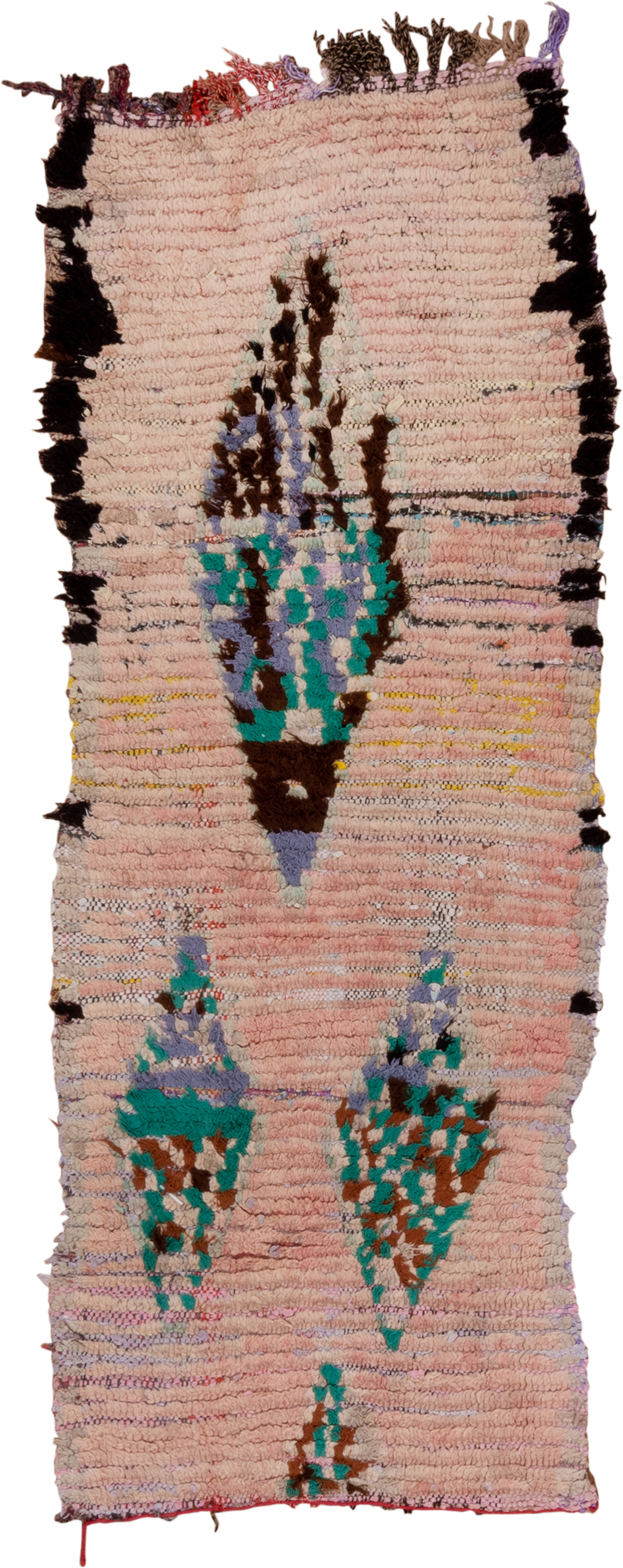 2' x 6' one-of-a-kind handmade vintage Rag Rug runner rug. Color palette: blush, brown, turquoise, black, lavender, ivory