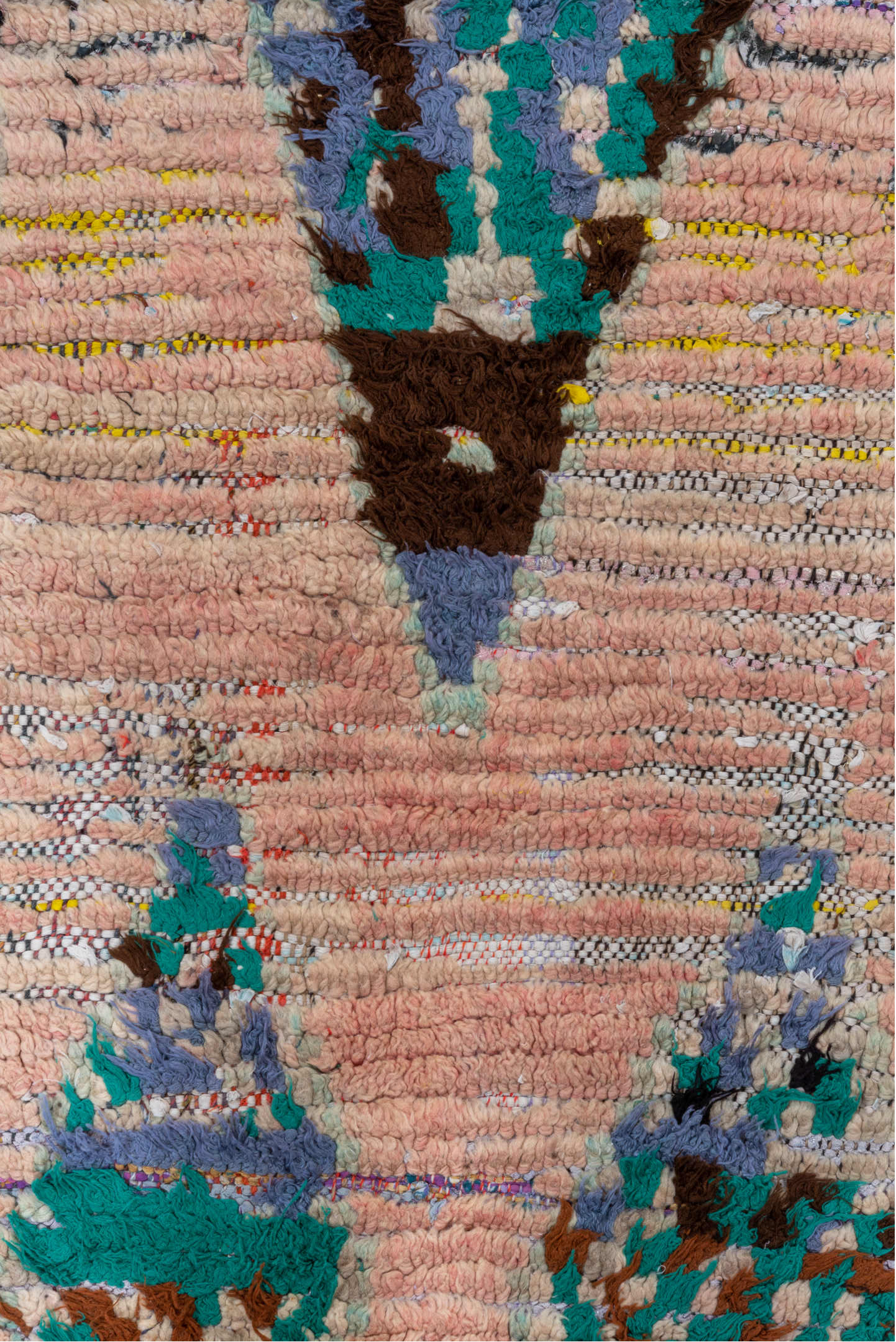 2' x 6' one-of-a-kind handmade vintage Rag Rug runner rug. Color palette: blue, brown, gray, green, pink, redwood