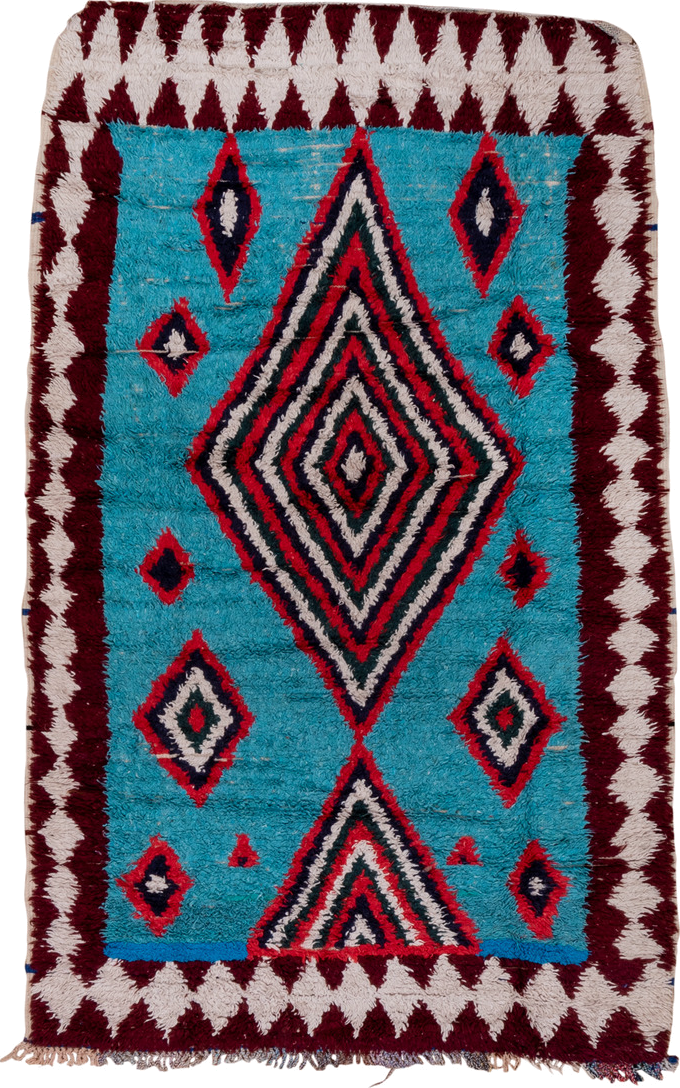 3' x 6' one-of-a-kind handmade vintage Rag Rug small size rug. Color palette: turquoise, ivory, burgundy, crimson, navy