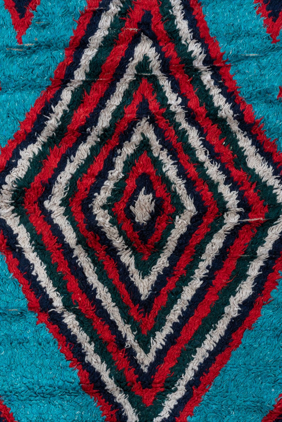 3' x 6' one-of-a-kind handmade vintage Rag Rug small size rug. Color palette: turquoise, ivory, burgundy, crimson, navy