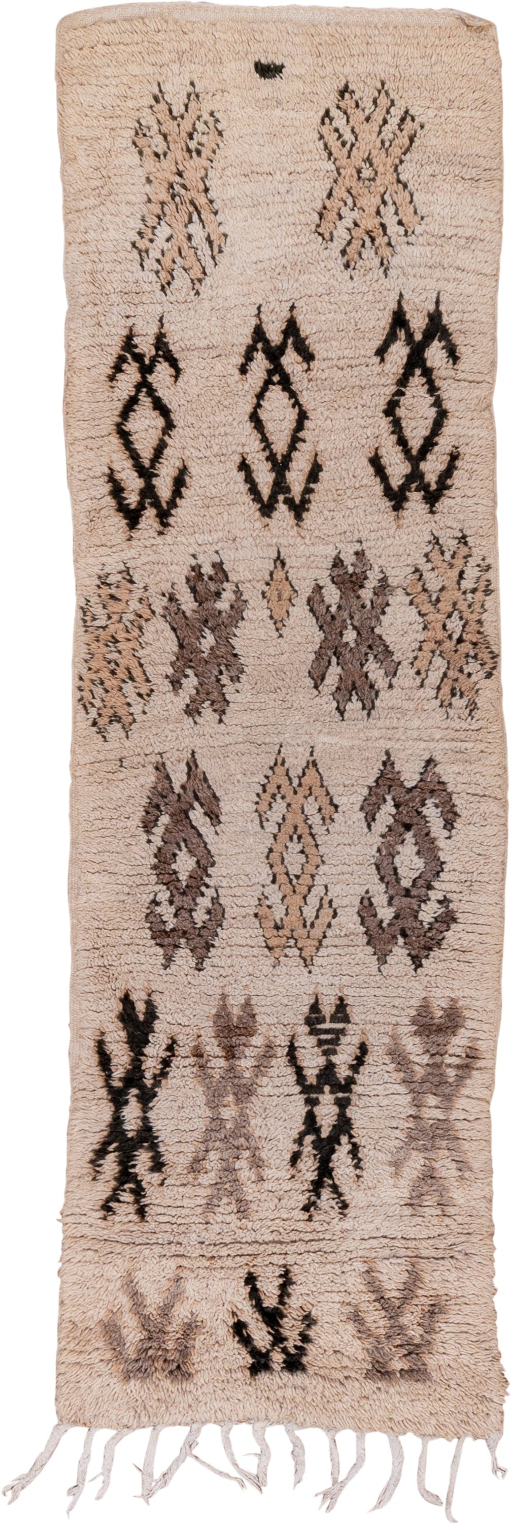 2' x 7' one-of-a-kind handmade vintage Moroccan runner rug. Color palette: ivory, taupe, charcoal, brown, camel, beige, gray