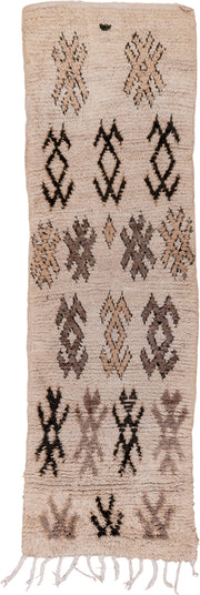 2' x 7' one-of-a-kind handmade vintage Moroccan runner rug. Color palette: ivory, taupe, charcoal, brown, camel, beige, gray