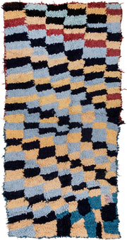 3' x 6' one-of-a-kind handmade vintage Rag Rug runner rug. Color palette: light blue, cream, navy, teal, rust, black, ivory