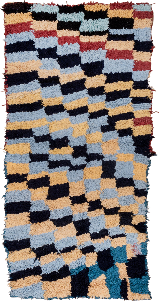 3' x 6' one-of-a-kind handmade vintage Rag Rug runner rug. Color palette: black, blue, brown, burlywood, gray, light blue